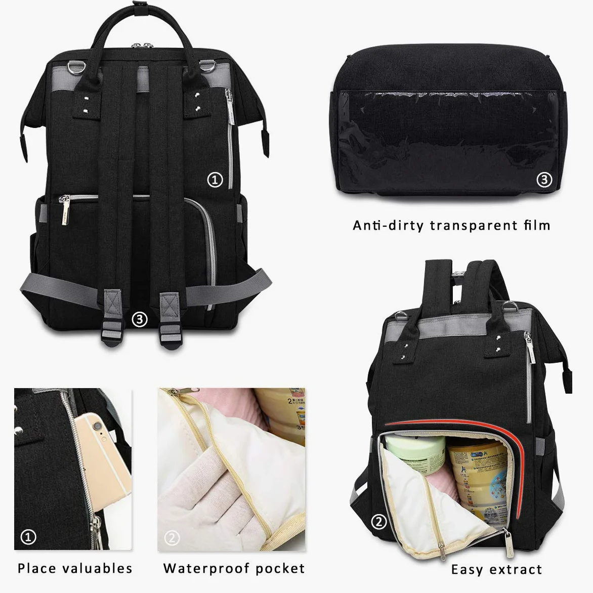 SONARIN Multifunzione Zaino Fasciatoio Bambino per Pannolini con Fascia per Passeggino,Grande Capacità,Organizer per Zaino da Viaggio,Impermeabile,Elegante e Resistente,Ideale Regalo(Nero)