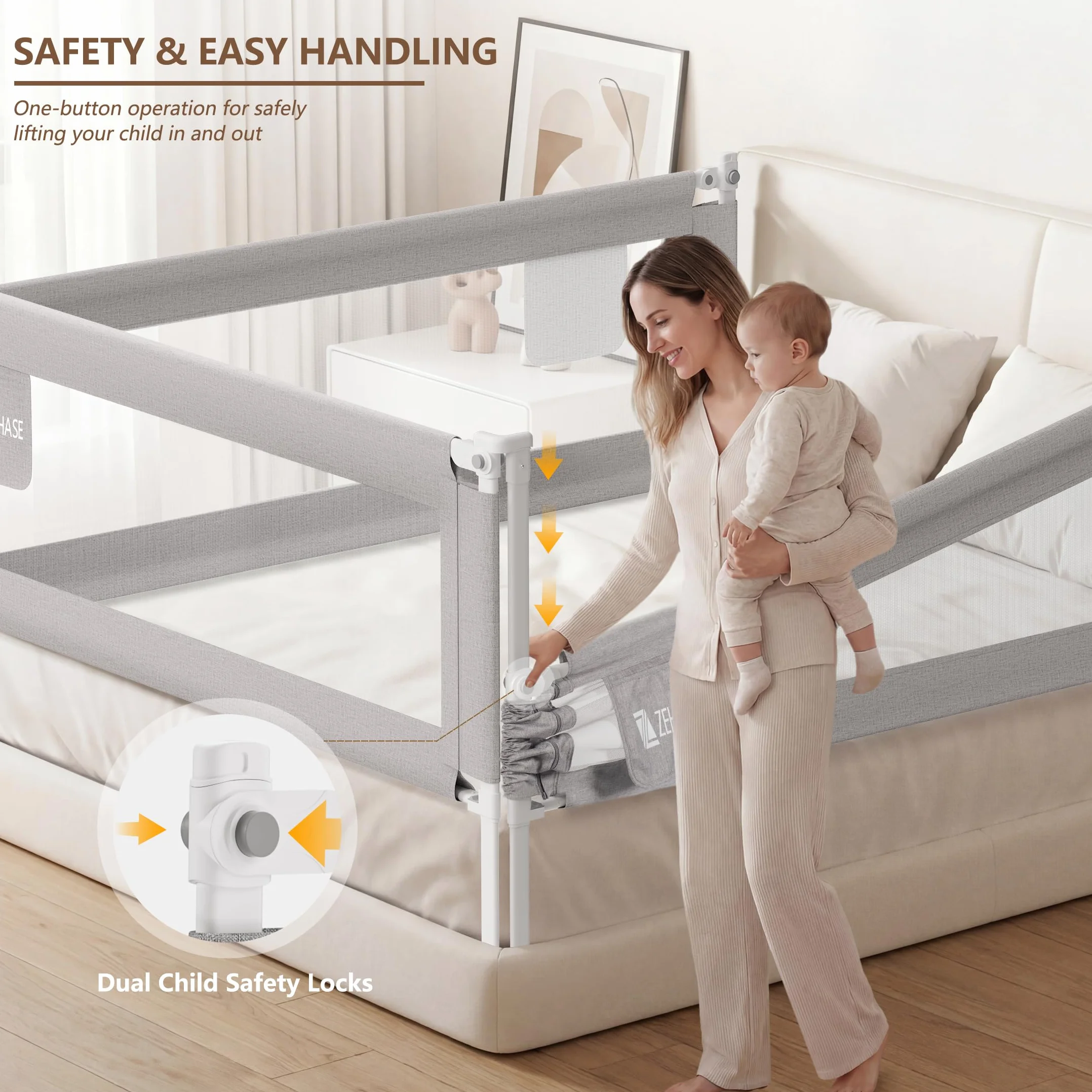Sponda letto bambini extra alta e traspirante, barriera per letto con sollevamento verticale, blocco di sicurezza, tasca e facile montaggio (190cm, grigio, 1lato)