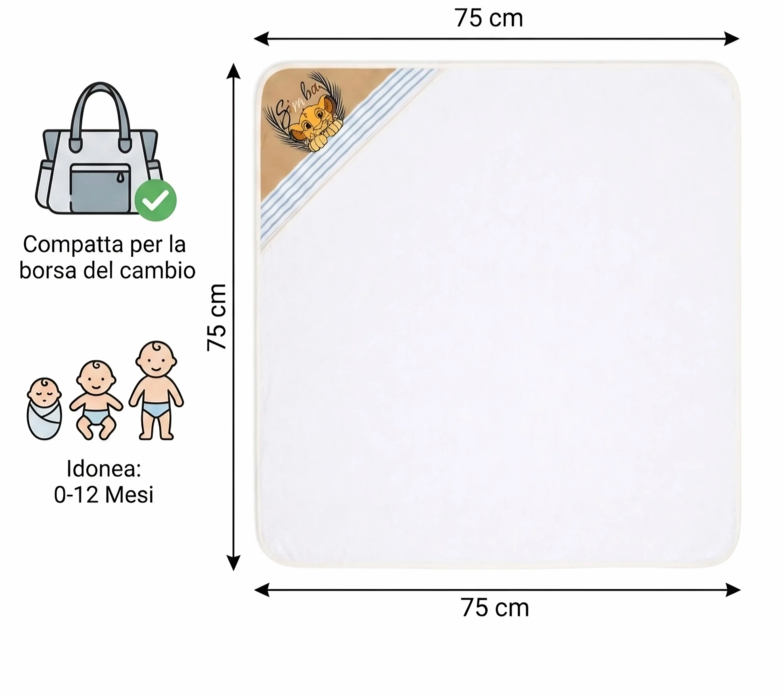 Ellepi Accappatoio Neonato Disney Baby Triangolo 75x75 cm – Idrospugna Innovativa Ultra Assorbente e Morbidissima – Telo Bagno Neonato con Cappuccio Simba e Milù (Simba)