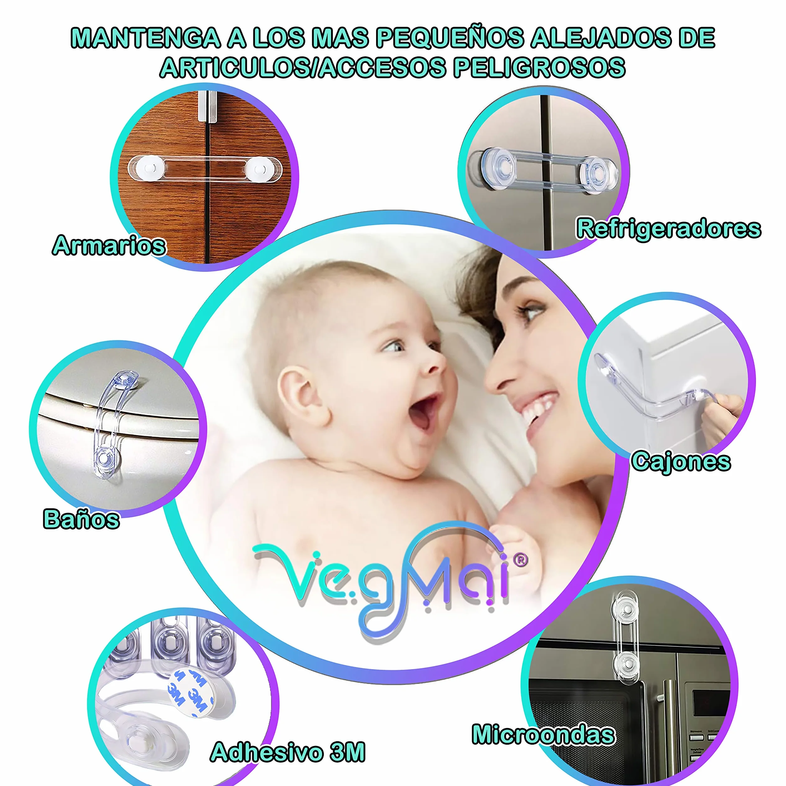 [8 unità] Serrature trasparenti di sicurezza per neonati, blocco con adesivo 3M, chiusure per armadi, cassetti, WC, cucine, porte, finestre, frigoriferi [pestelli trasparenti]