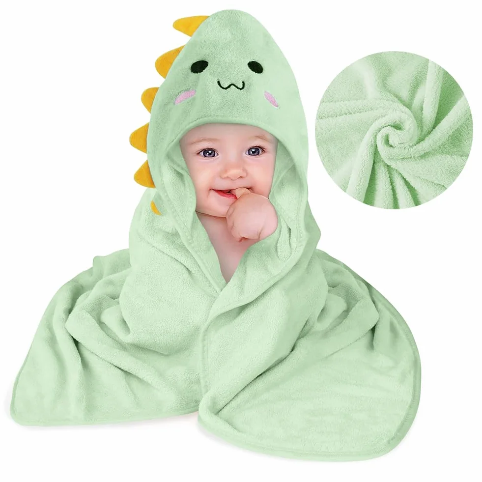 Aolso Accappatoio Neonato, 80x80cm Asciugamani Con Cappuccio Per Bambini, Accappatoio Neonato con Cappuccio Extra Morbido e Super Assorbente per Neonati e Bambini 0-3 Anni-Dinosauro