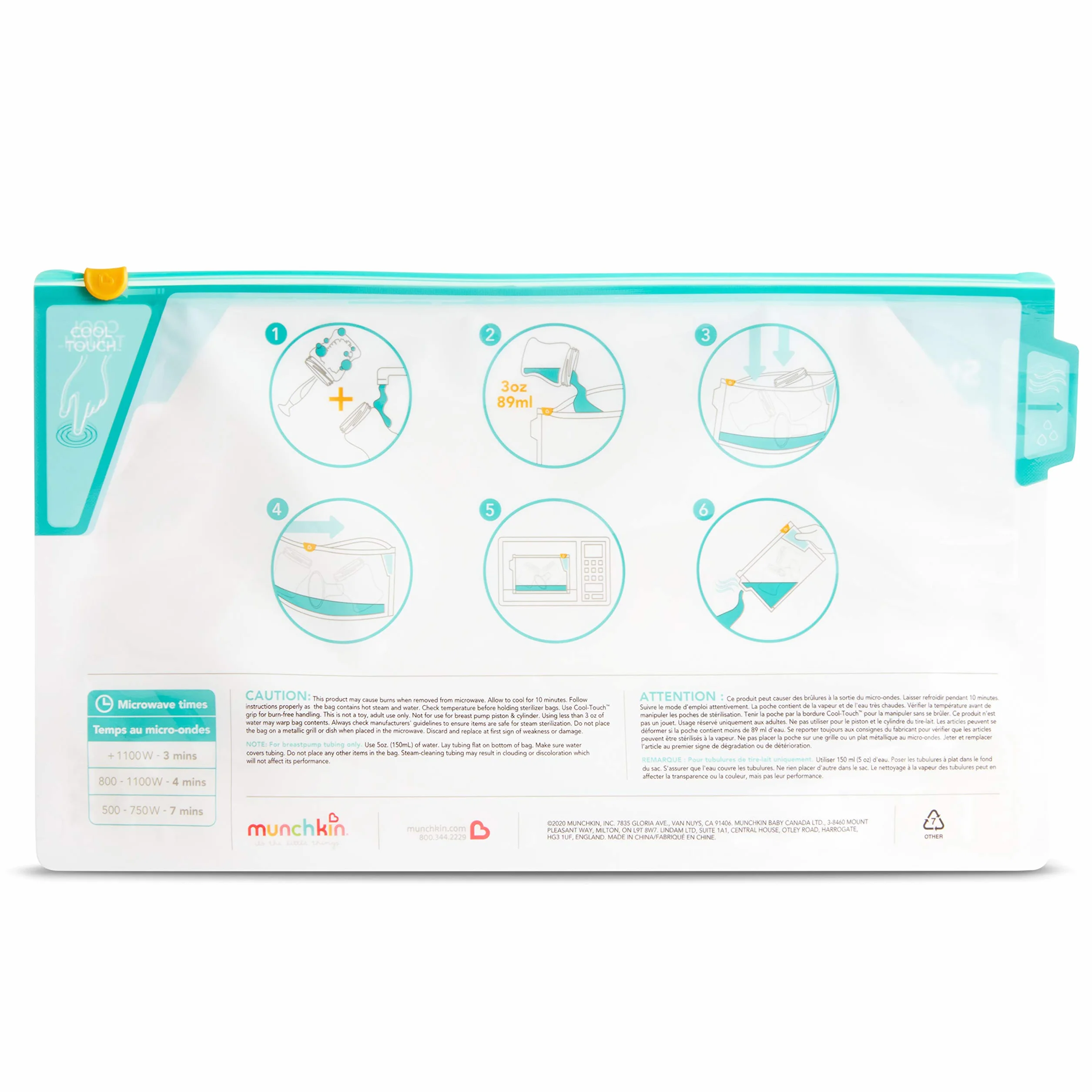 Munchkin Cool Touch Microwave Steriliser Bags | Baby Bottle Teat & Dummy Steriliser | 6 Reusable Baby Steriliser Bags | Cold Water Steriliser & Sterilising Unit Alternative | Mini Travel Steriliser