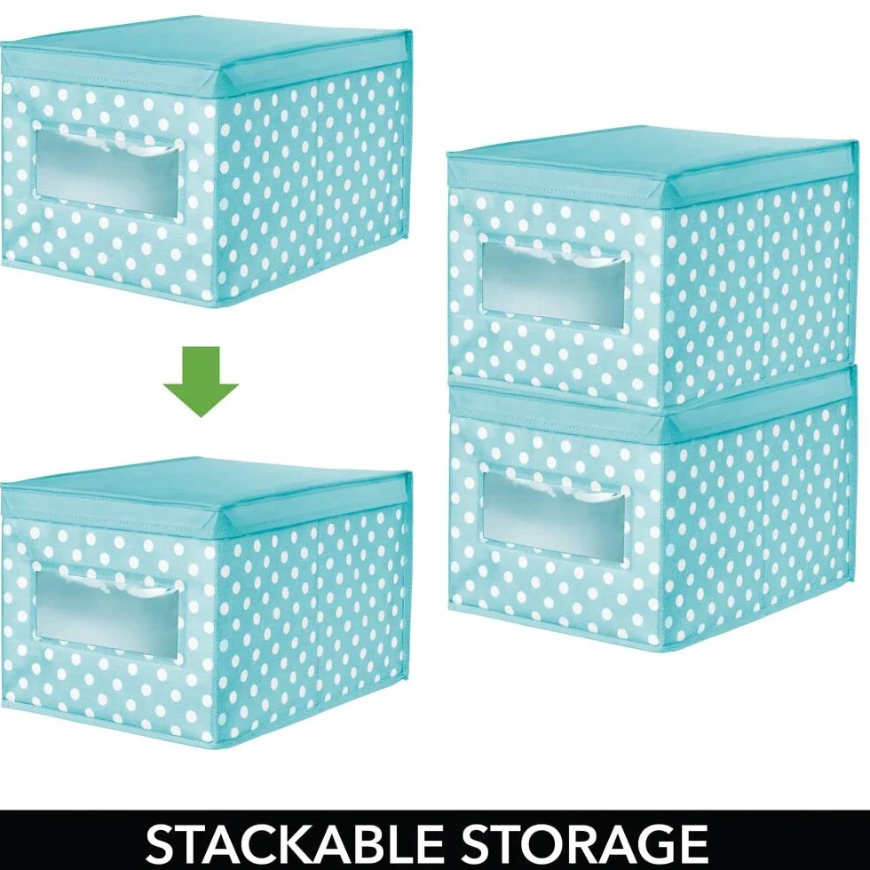 mDesign Set da 6 Scatole Contenitore – Scatole per armadi impilabili in Fibra Sintetica per Vestiti, Scarpe – Pratici portabiancheria con Coperchio e Finestra Frontale – Turchese/Bianco