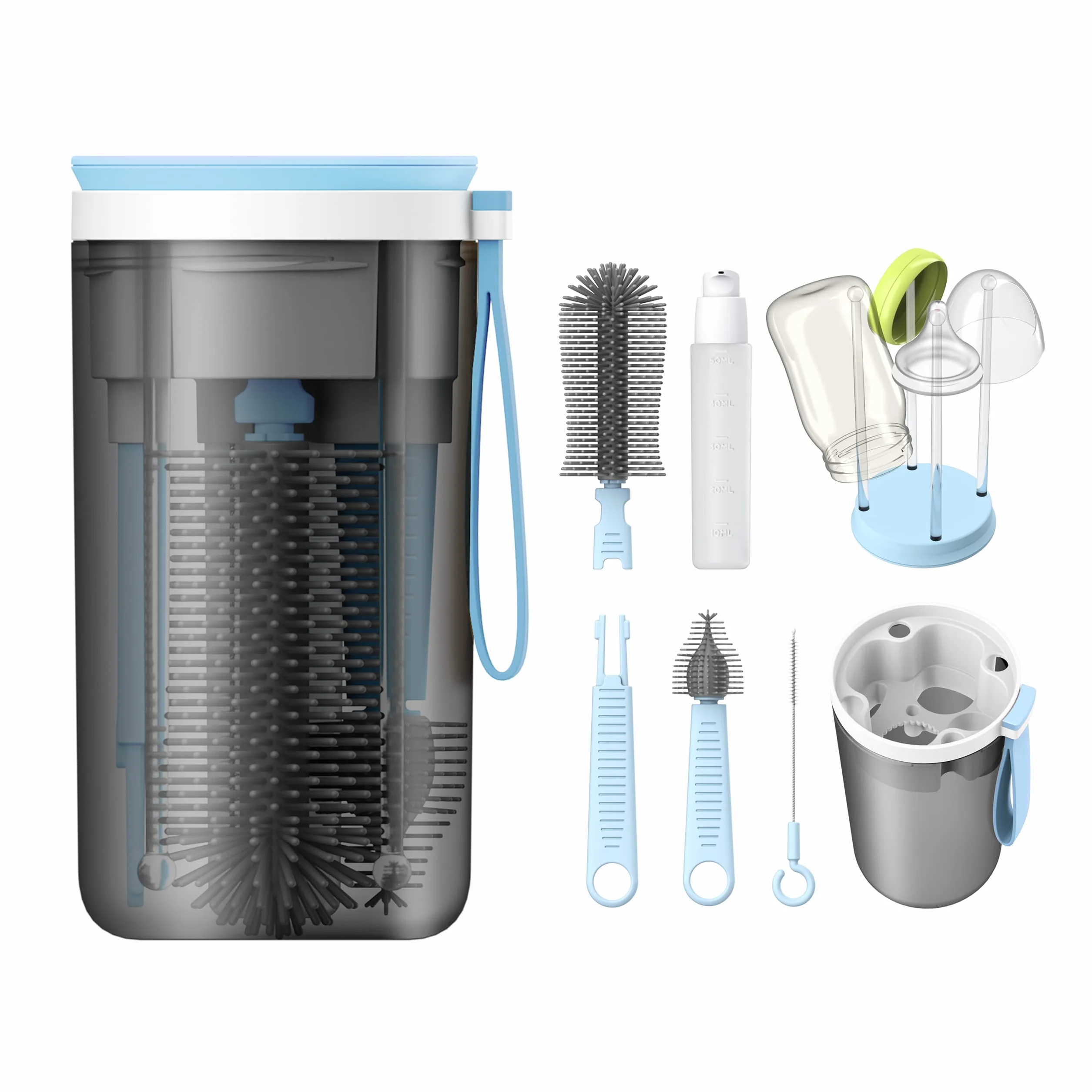 YOTIME Set Spazzole Biberon da Viaggio, con Silicone Spazzola per Biberon, Scovolino per tettarelle e Cannuccia, Dispenser Sapone, Scolabottiglie, Scatola Portaoggetti, senza BPA, Blu