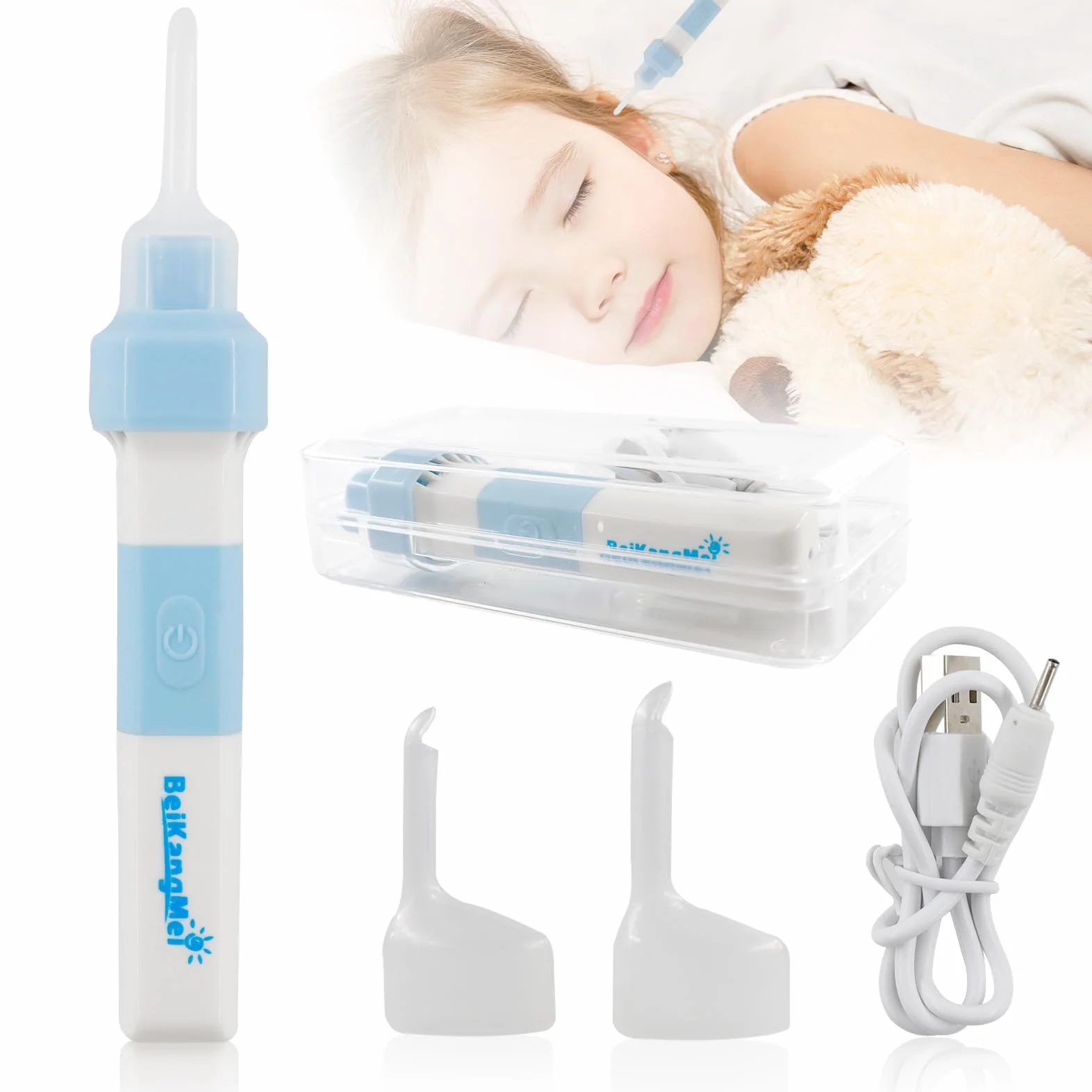 Aspiratore Cerume Orecchie, Aspiratore per la Pulizia Delle Cerume cavo USB, Pulisci Orecchie Elettrico con 2 testine, Comodo, Morbido, Pulizia Orecchie per adulti e bambini