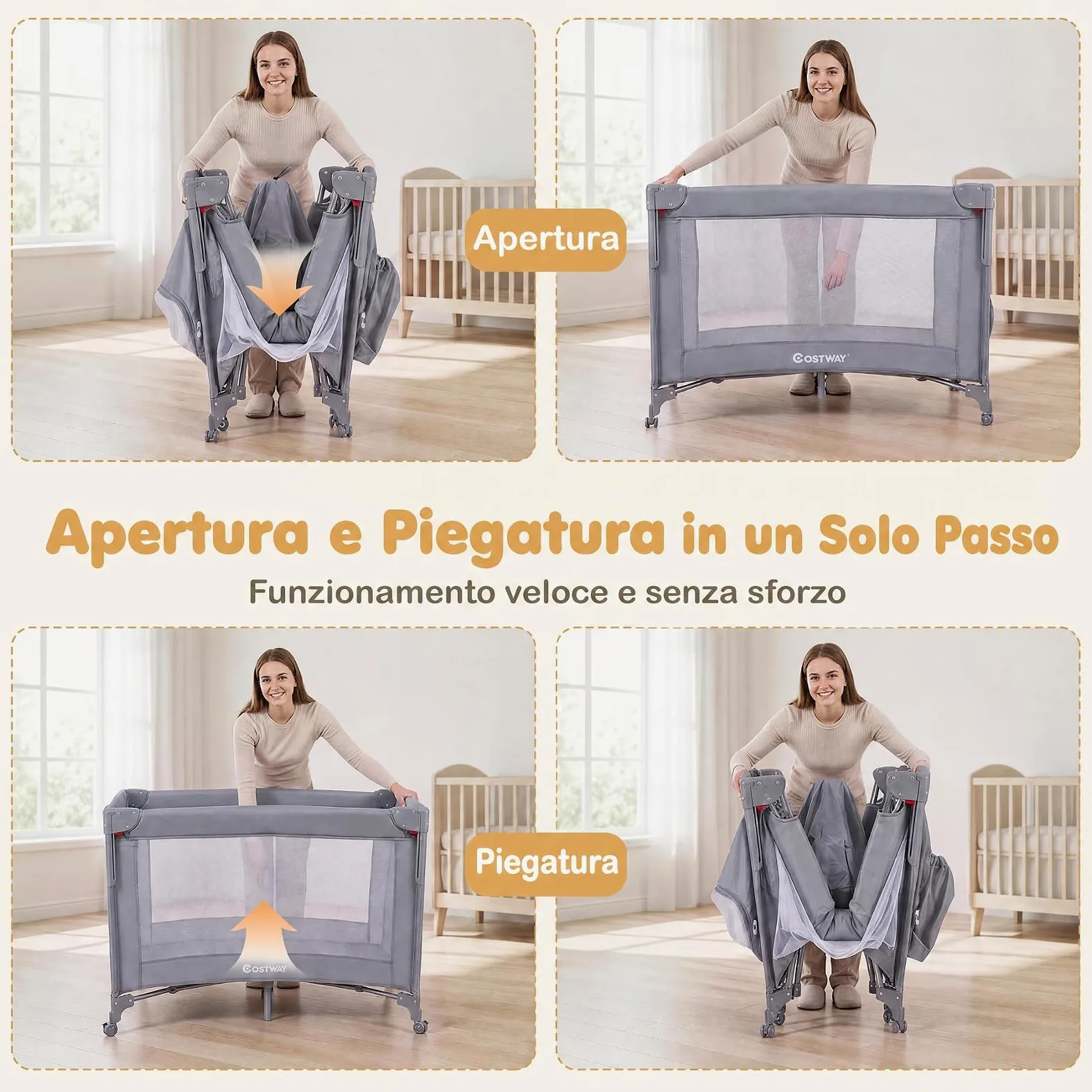 COSTWAY 5 in 1 Culla Co-sleeping Pieghevole per Neonato con Ruote (Grigio) | Lettino da Affiancare Portatile con Fasciatoio, Meterasso, Giocattoli e Carillon, Altezza Regolabile, per Bambini 0-3 Anni