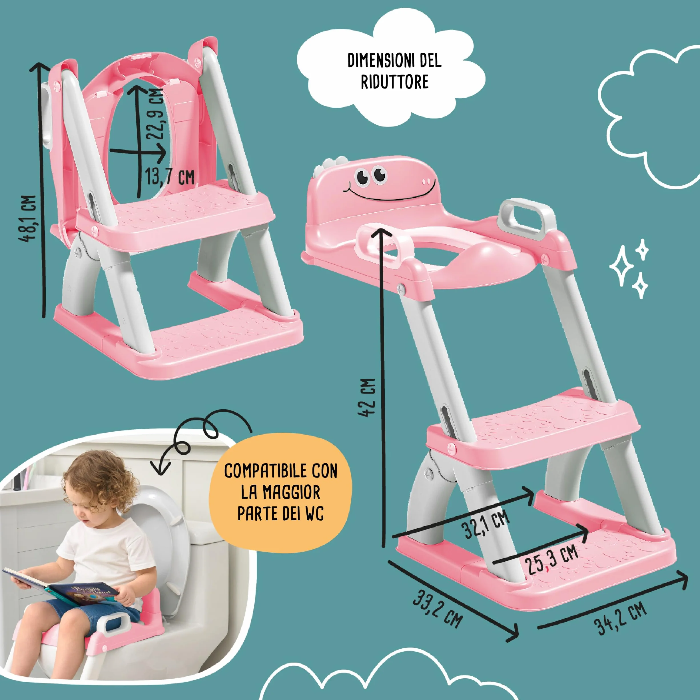 Riduttore WC Bambini con Scaletta – Sedile WC Pieghevole per Apprendimento Autonomo – Adattatore Toilette con Gradino Antiscivolo e Maniglie – Vasino Bambini