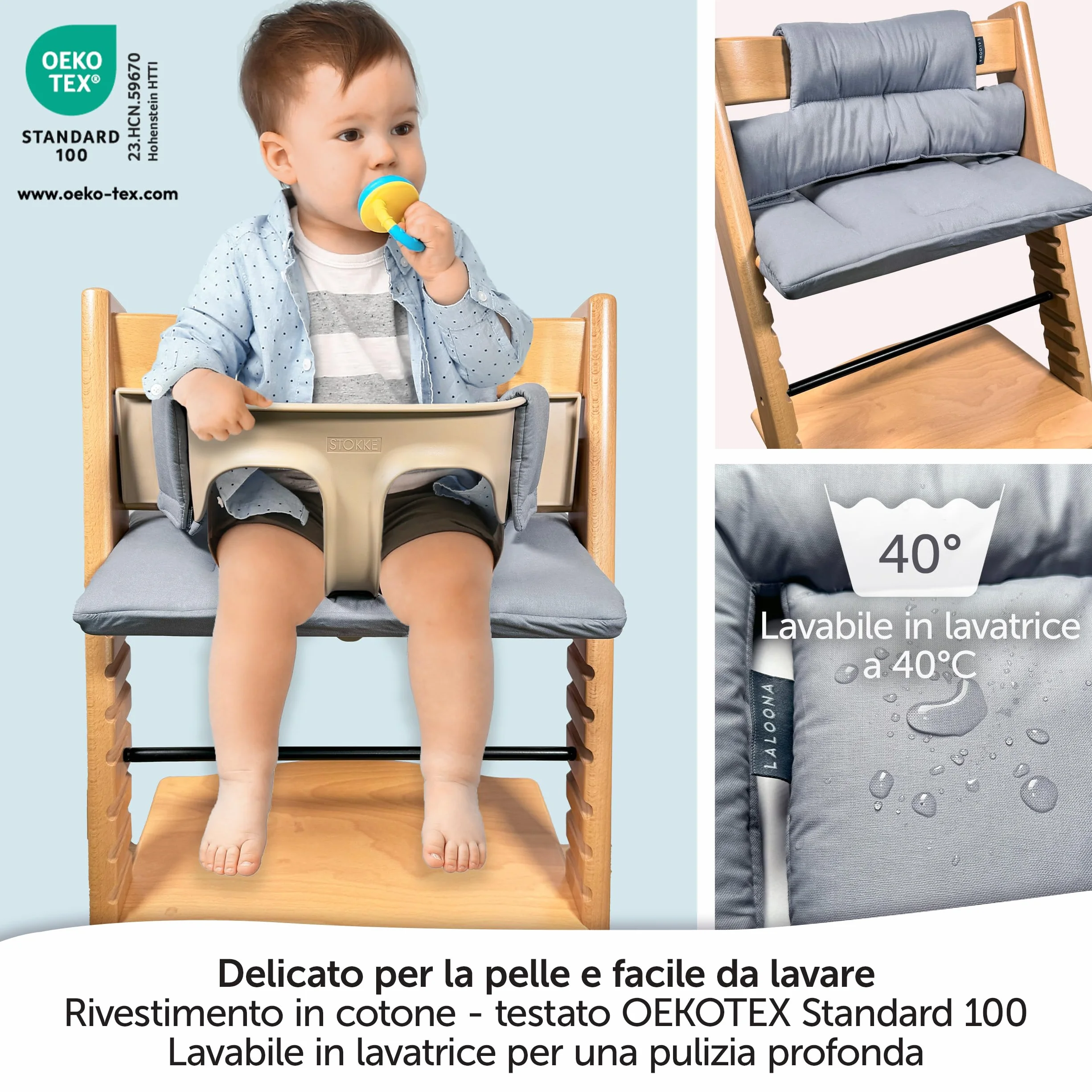LaLoona Cuscino Seduta per Seggiolone Stokke Tripp Trapp - Cuscino Per Stokke Seggiolone Pappa 2 Pezzi, OEKO-TEX Standard 100, Lavabile in Lavatrice - (Grigio, Rivestito)