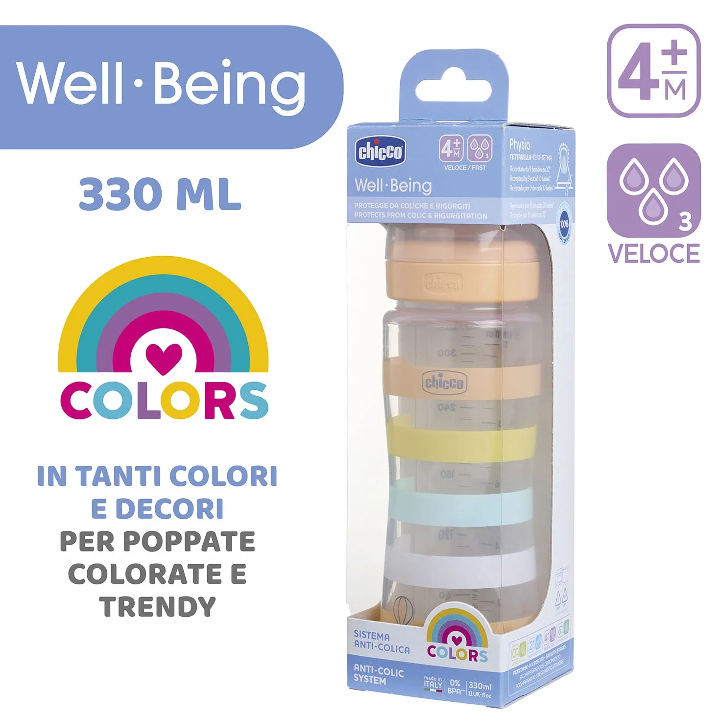 CHICCO Biberon Benessere Flusso Veloce, in Plastica da 330 ml, con Tettarella Physio in Morbido Silicone e Finitura Soft Sense, Riduce Rigurgito e Irritabilità, 4 Mesi+, Neutro