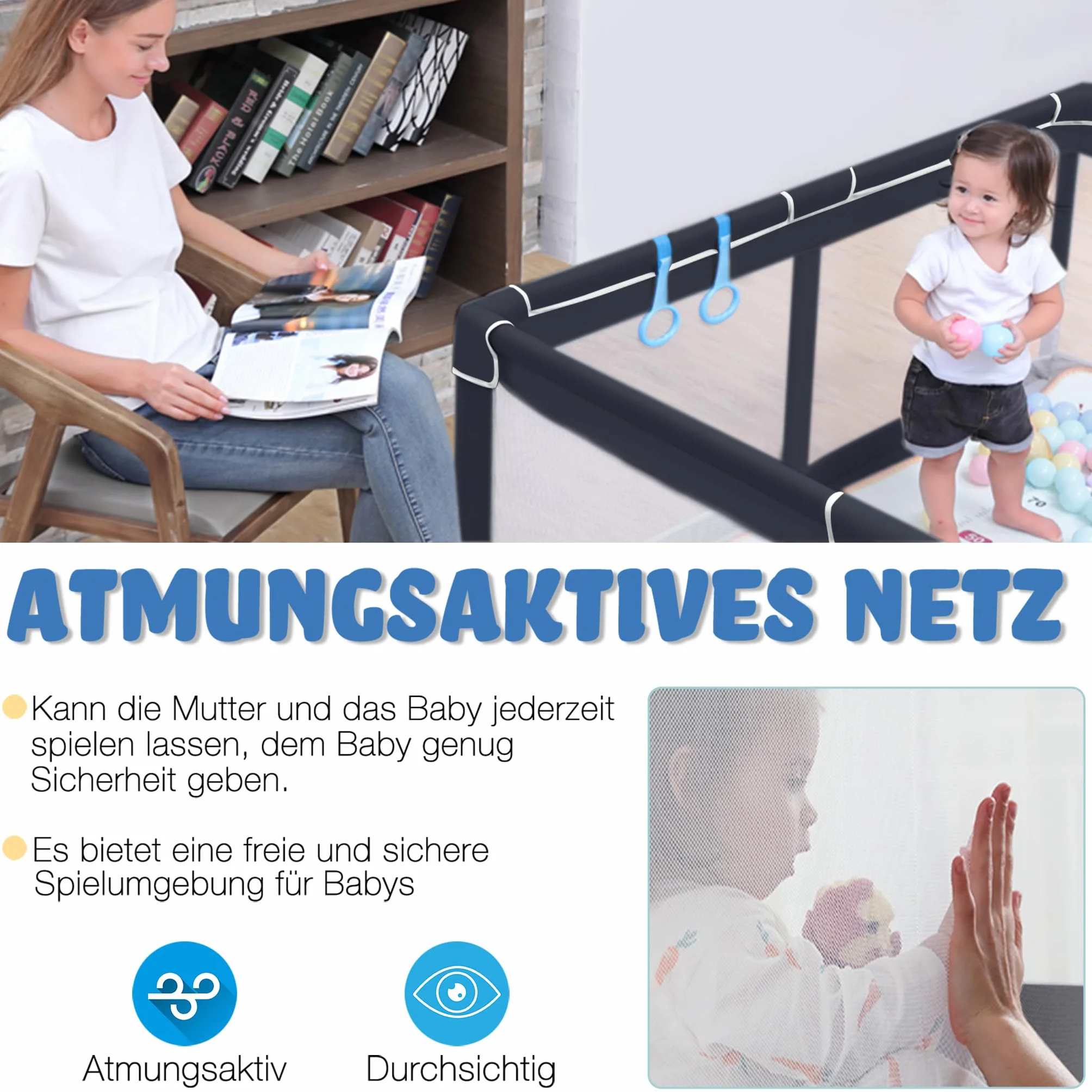 FIVMEN Box per bambini, 127 x 127 cm, con 50 palline, rete traspirante e 4 anelli, centro attività, griglia di protezione, colore: nero