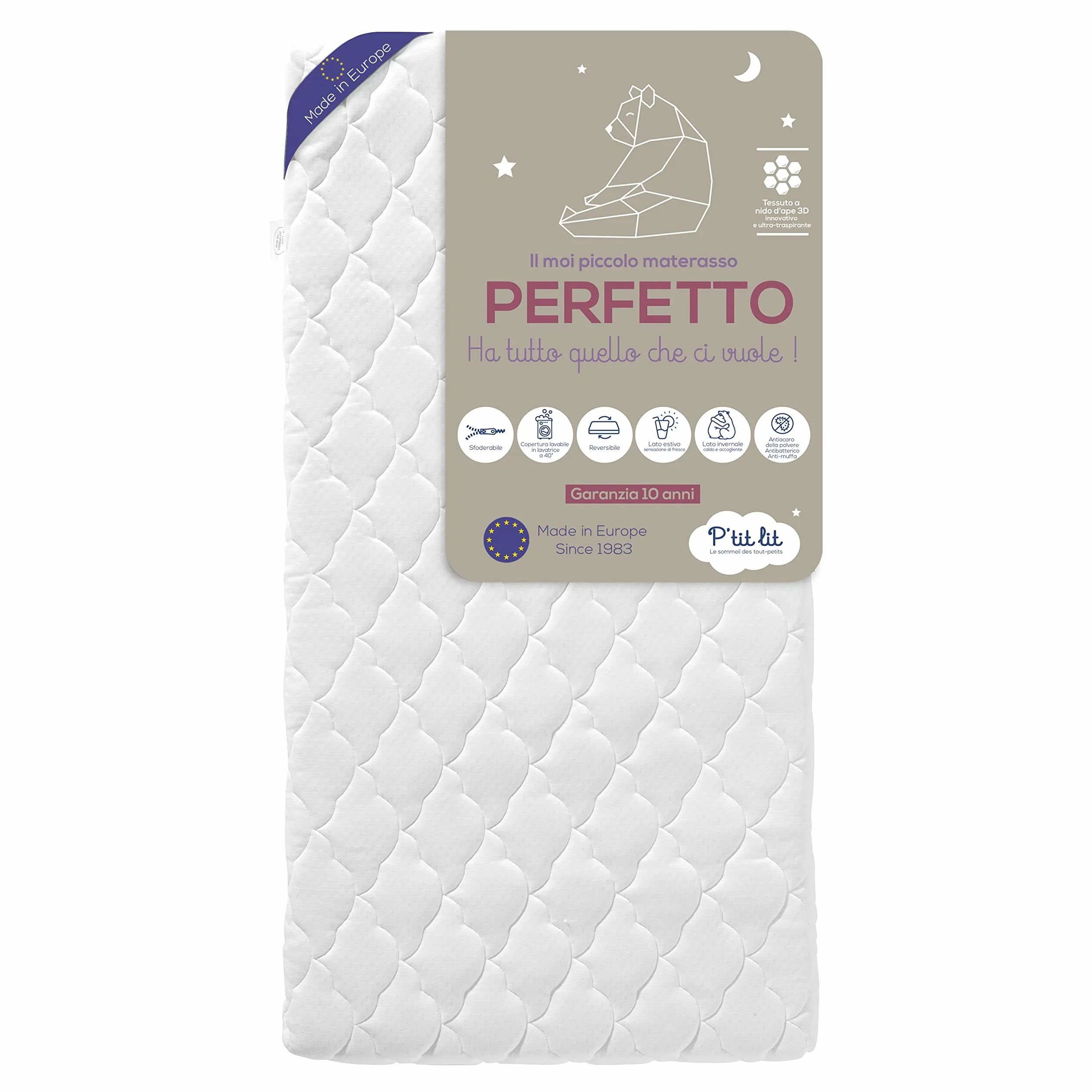 P'tit lit - Materasso Lettino Bambino Perfetto | 70x140 cm | 2 lati : Ultra traspirante l'estate/caldo e avvolgente l'inverno | Antiacaro | Sfoderabile | Spessore fino a 10 cm