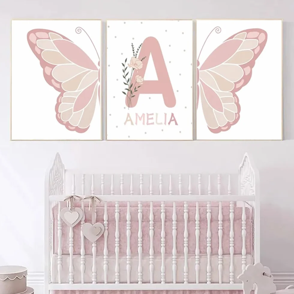 Generico 3 Quadri Personalizzati Nome Nascita Stampe Bimba Farfalla Rosa 30x 40 cm Quadro Cameretta Bambina Decorativi da Parete Bambini Poster Camera Ragazza Ragazzo Regalo Tela senza Cornice