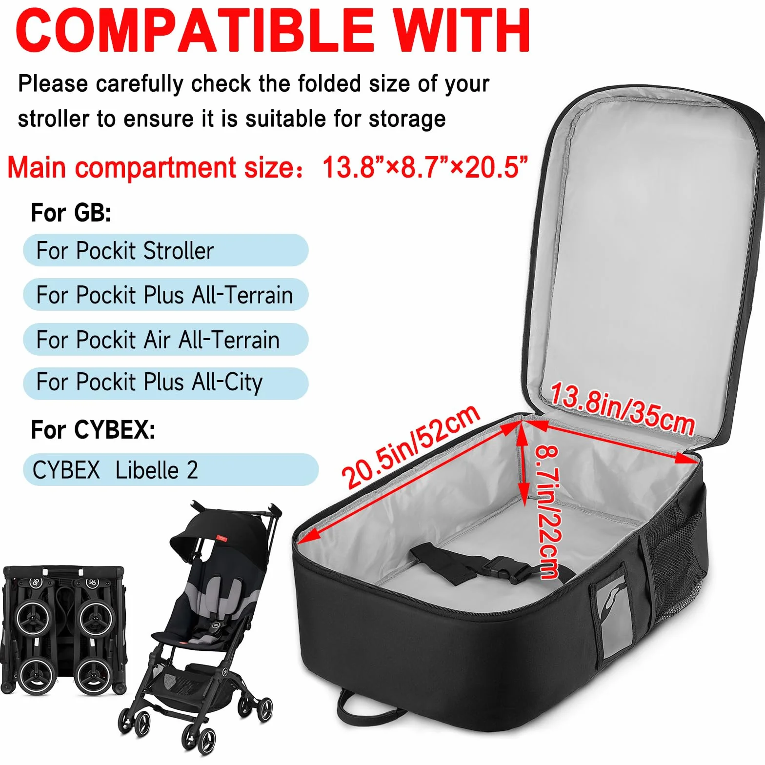 Borsa da viaggio per passeggino, zaino imbottito compatibile con passeggino Gb Pockit/GB Pockit+ All City/GB Pockit Air All Terrain/Cybex Libelle 2, borsa portaoggetti per accessori per passeggino di