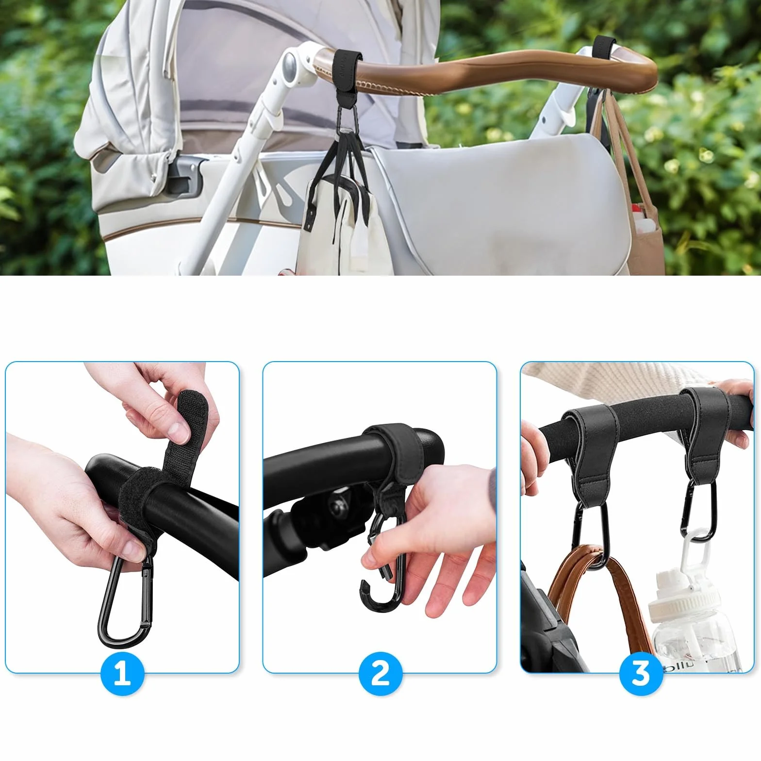 Ganci per Passeggino Porta Borse in Pelle, 2 Pezzi Universali Accessori Passeggino per Appendere Borse, Zaini e Borsa della Spesa, Antiscivolo, Cuciture Forti (Nero)