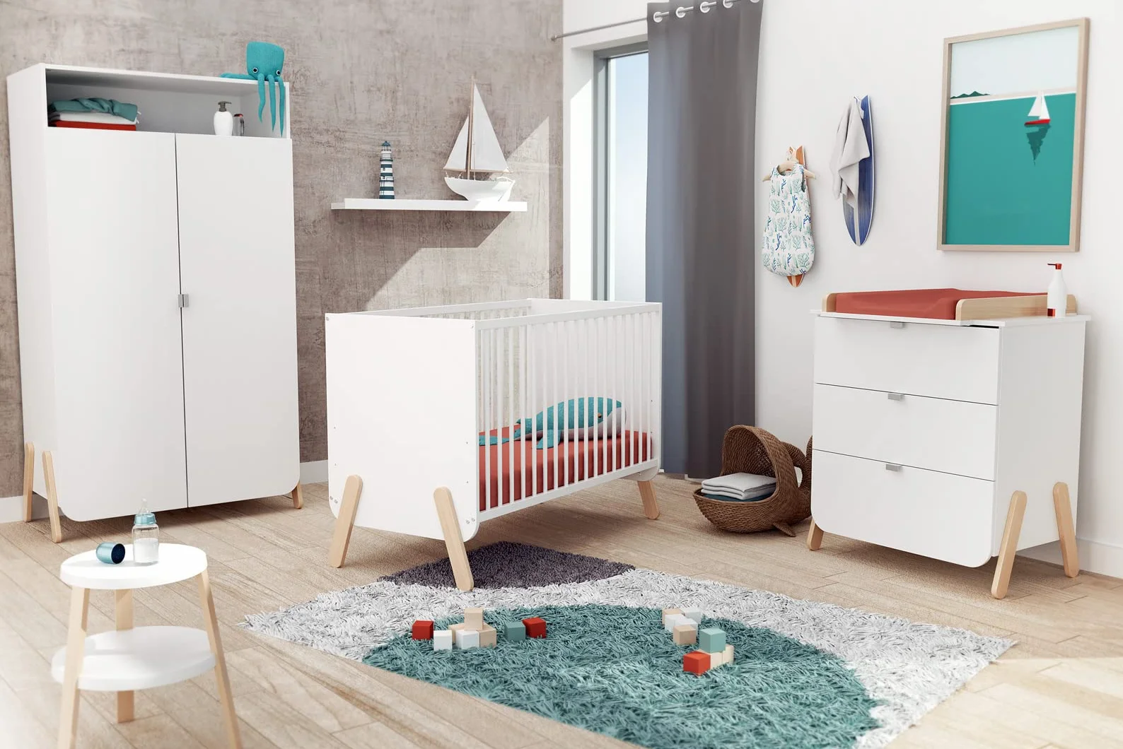 AT4 - Cassettiera fasciatoio 3 cassetti in legno PIRATE bianco e faggio|Piano fasciatoio rimovibile incluso|79 x 66 x 84,5 cm|Per la cameretta dei bambini