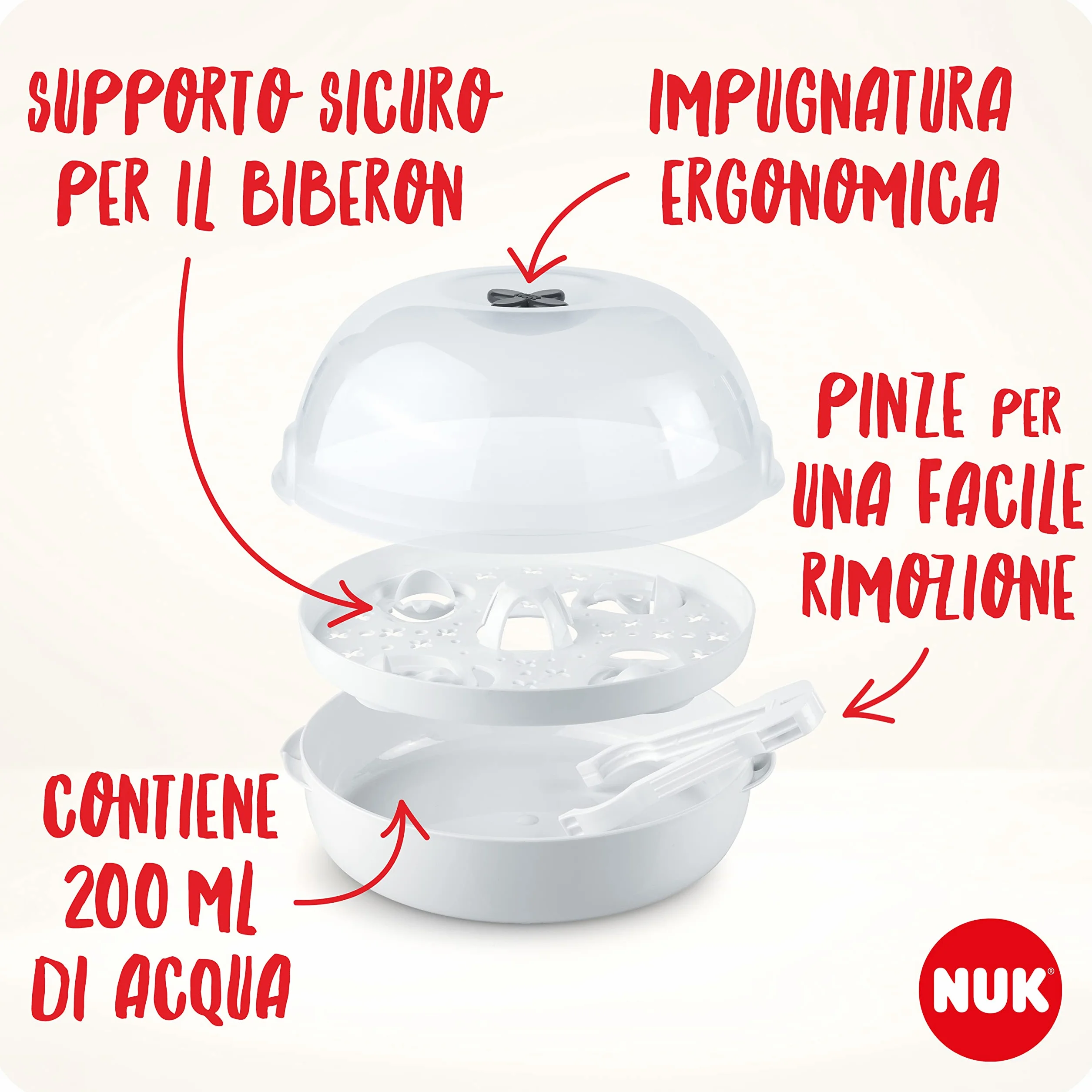 NUK Micro Express Plus sterilizzatore biberon per microonde | Sterilizza fino a 4 biberon e accessori in 4 minuti | Compatibile con gran parte dei microonde | Pinze per rimozione igienica