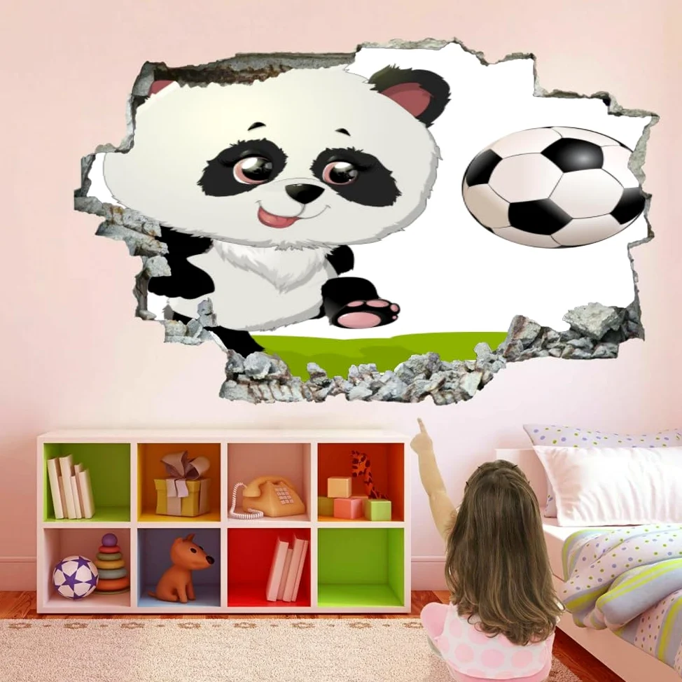 Adesivi Murali Murales Fracassati 3D Panda Decalcomanie Per Pavimenti In Impermeabile Art Calcio Per La Camera Da Letto, La Decorazione Della Parete Della Scuola Materna 120x80cm