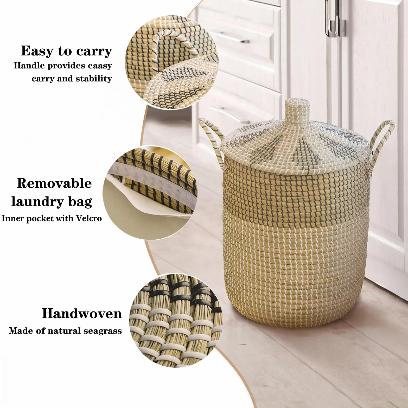 3 Pz 76L+43L+26L Set di Cestini per la Biancheria con Coperchio e Sacchetti Interni, Cesto Intrecciato, Fatto a Mano, Cesto Portaoggetti con Manici in Salice per Bagno o Cameretta dei Bambini, per