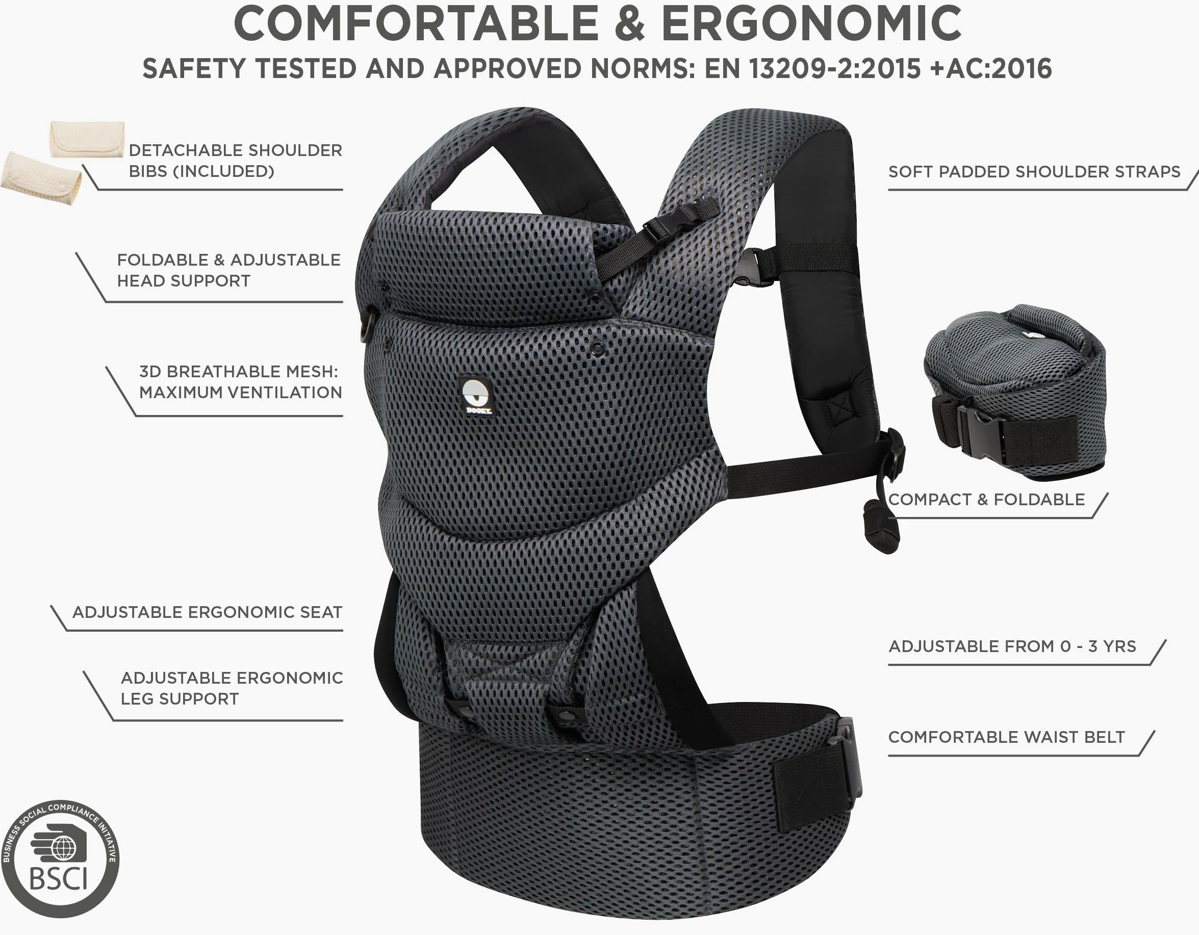 Dooky Carrier Urban Comfort, marsupio per neonati dalla nascita, marsupio ergonomico 0-3 anni, 3,5-15 kg, posizione M, 3 posizioni, regolabile, traspirante, colore: nero