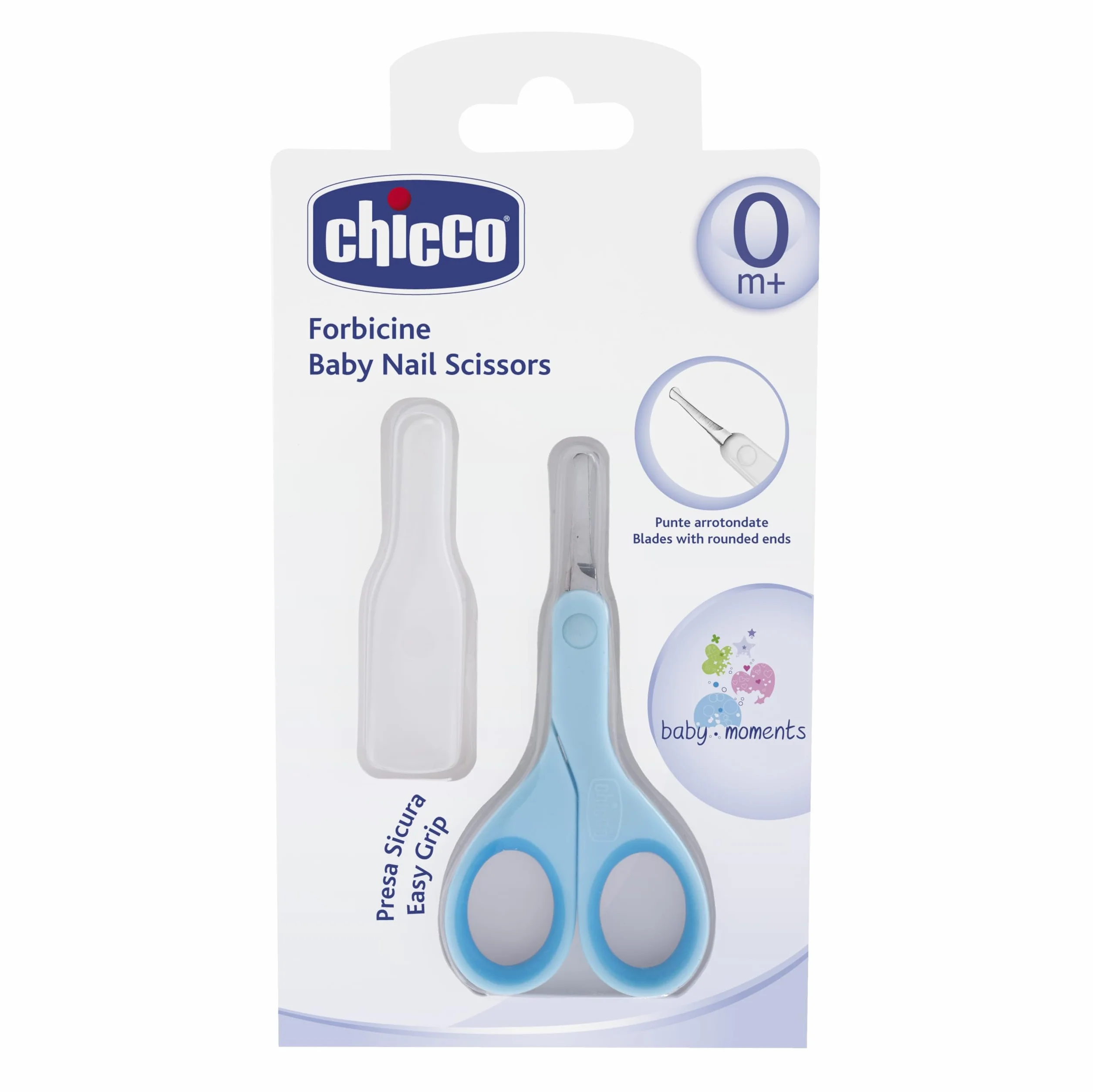 Chicco Forbicine Unghie per Neonati e Bambini, Forbicine in Acciaio Inox con Lame Ricurve e Punte Arrotondate, Cappuccio Protettivo, Impugnatura in Gomma Antiscivolo - Neonato 0+ Mesi, Azzurro