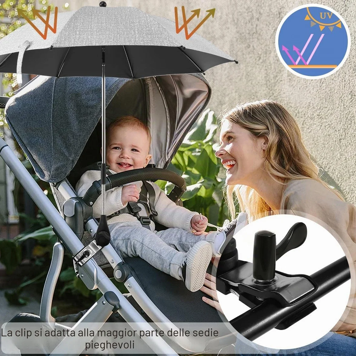 Ombrello Passeggino Universale Anti UV 50+, Ombrellone Passeggino Universale con Morsetto Regolabile e Braccio Regolabile, Ombrello Passeggino Comfort per Esterni Spiaggia Giardino