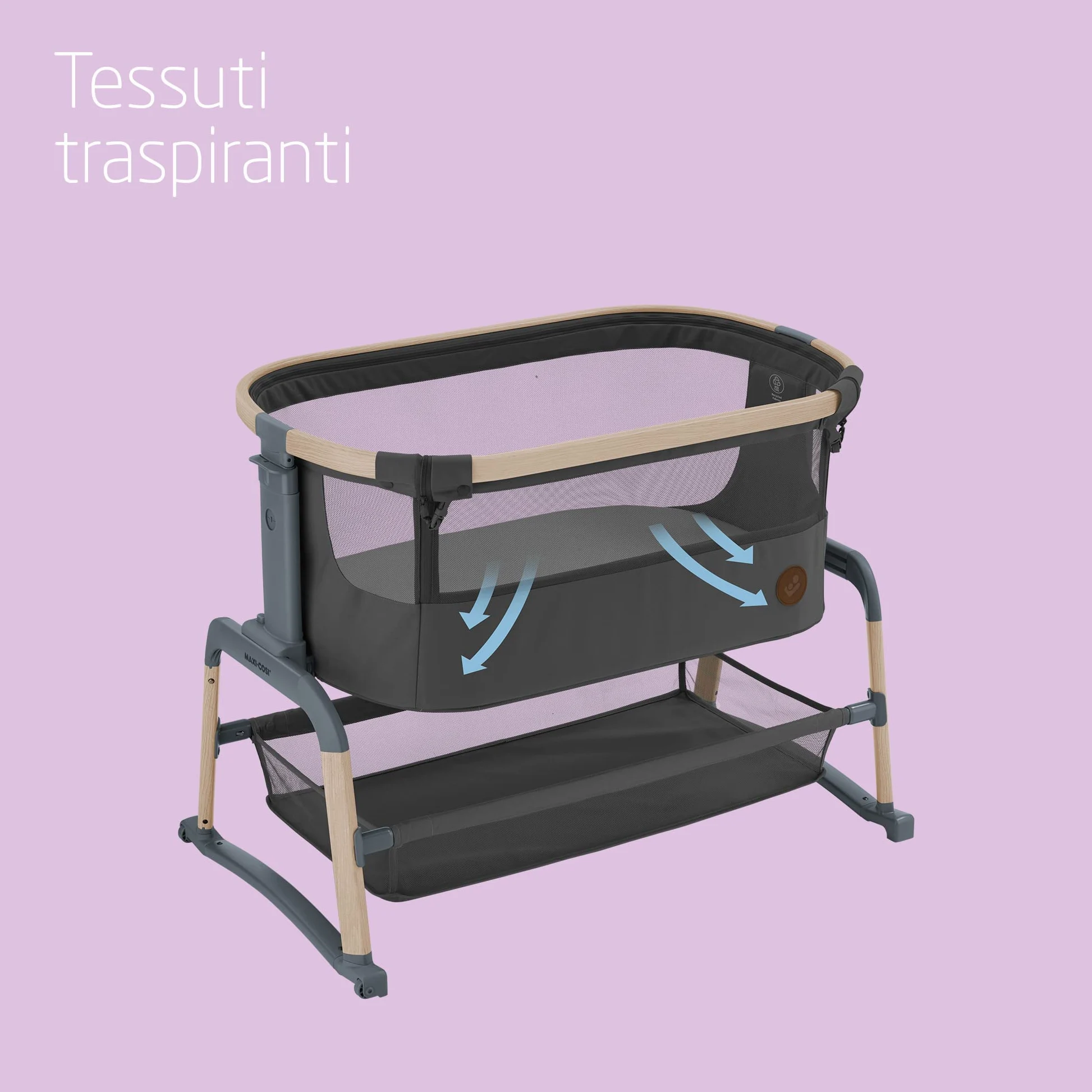 Maxi-Cosi Iora Air Lettino neonato, co-sleeping con materasso imbottito, funzione dondolo, regolabile in altezza, reclinabile,tessuti riciclati ecologici e traspiranti, 0-9 kg, Beyond Graphite