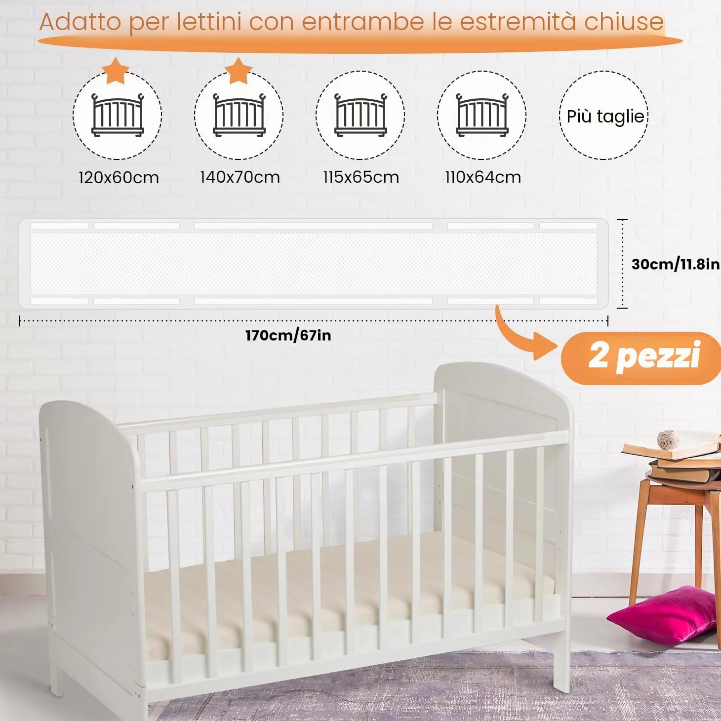 Set di 2 paracolpi traspiranti in rete per lettino, imbottiture per un sonno sicuro e confortevole, design regolabile, 32 x 22 cm, leggero e resistente, bianco