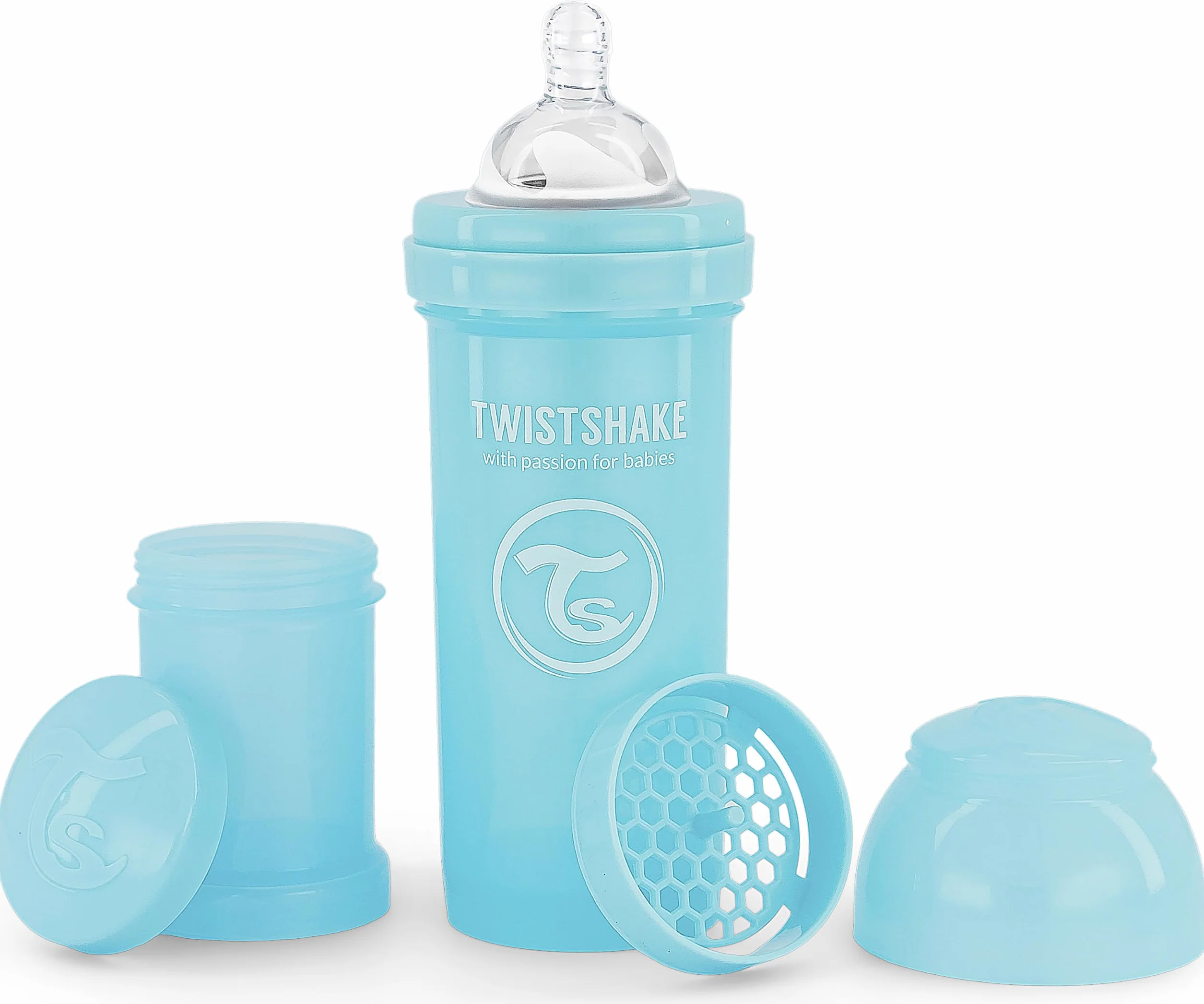 Twistshake Biberon Anti-Colica con Contenitore per Latte in Polvere e Miscelatore - 260ml , Capezzolo Simile al Seno in Silicone a Flusso Medio, Senza BPA | Adatto a Bambini di 2+ Mesi | Azzurro