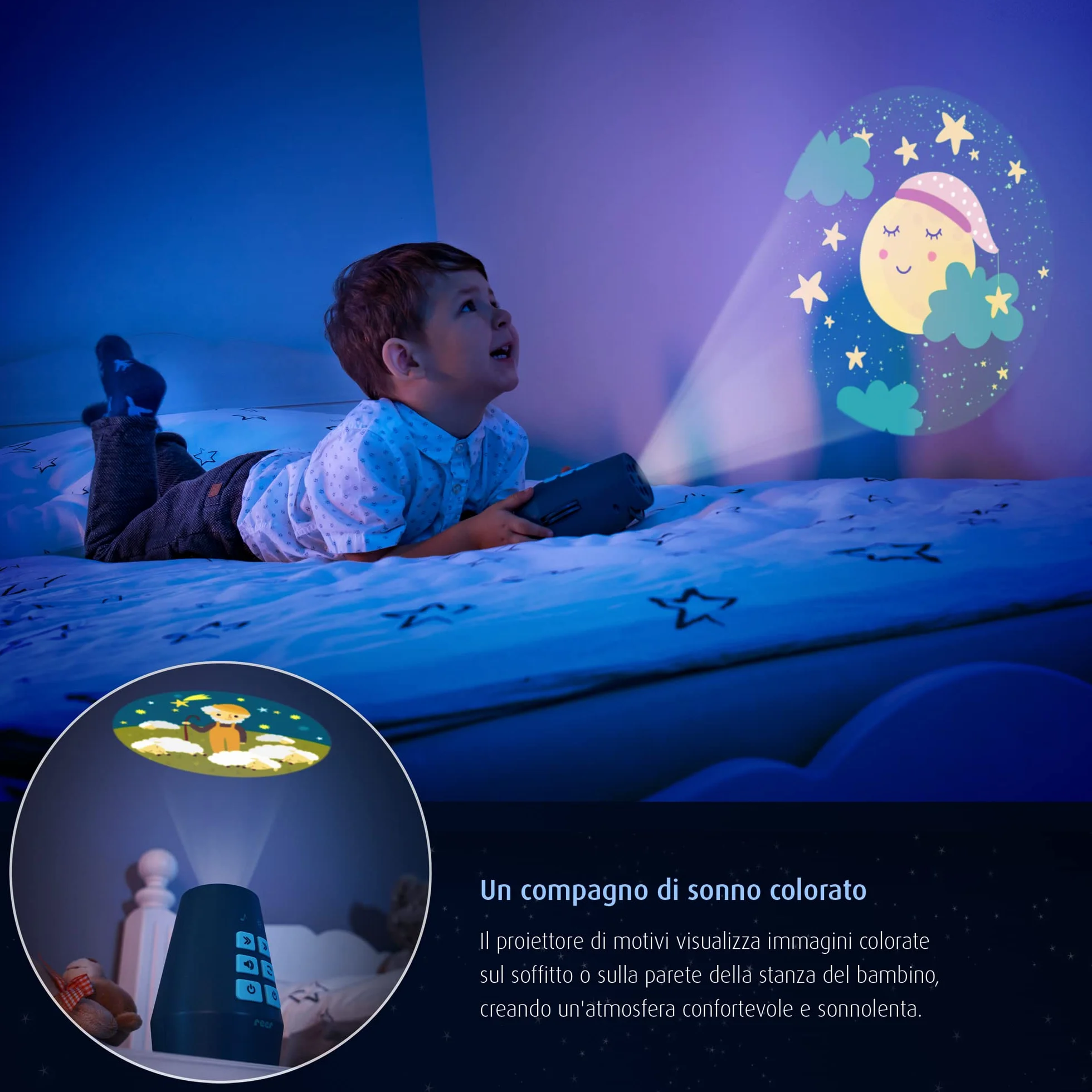 reer DreamBeam - Luce notturna con 24 immagini diverse, crea paesaggi da sogno su soffitto e parete, colore: Bianco