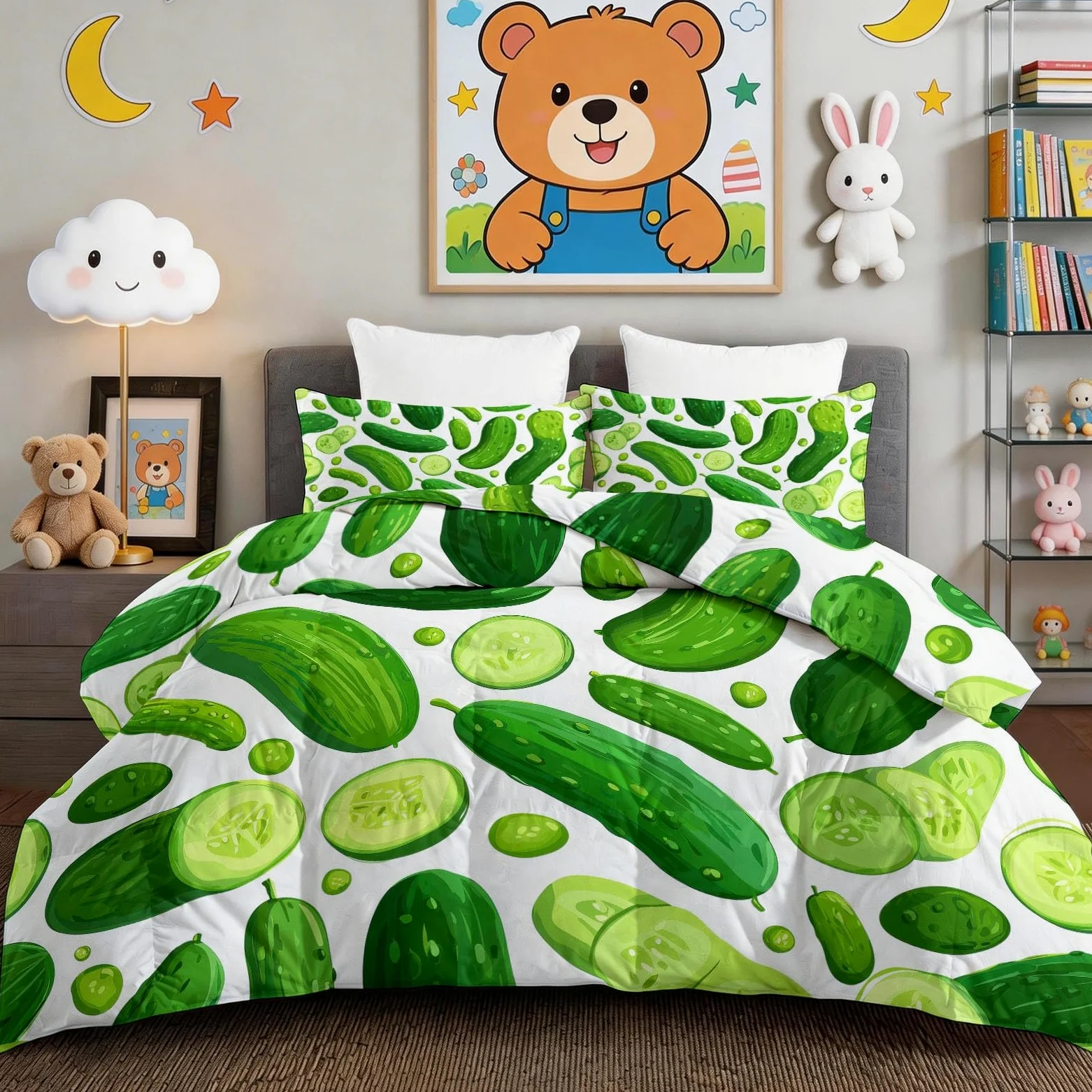 Générique Piumino lavabile per bambini, 200 x 200 cm, bianco cartone animato, verdura, cetriolo 4 stagioni, per letto matrimoniale, piumino reversibile leggero, senza coperte e 2 federe 65 x 65 cm