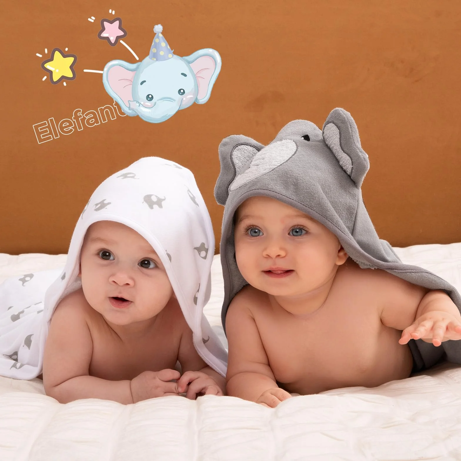 momcozy Set Asciugamani per Bambini 8 pz con Cappuccio, 2 Accappatoi Neonato 76x76 cm + 6 Quadrati Cotone 24x24 cm, Morbido e Super Assorbente, Elefante – Regalo Nascita Bimbo, Regali Neonata Femmina