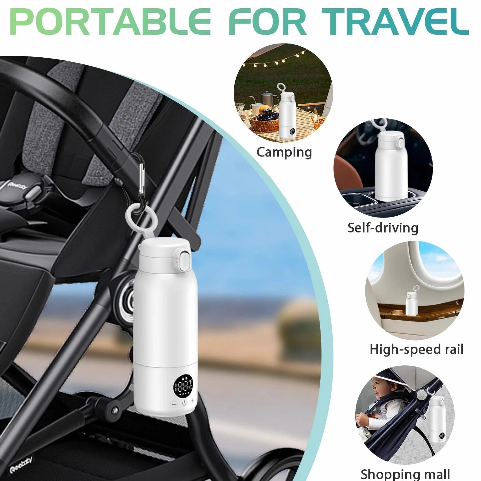 Scaldabiberon Portatile, 500ml Scalda Biberon Neonato, Riscaldamento Rapido e Lunga Durata della Batteria, Temperatura Regolabile 35 ℃-70 ℃, Scaldalatte per Neonati Ideale per Viaggi(Bianco)
