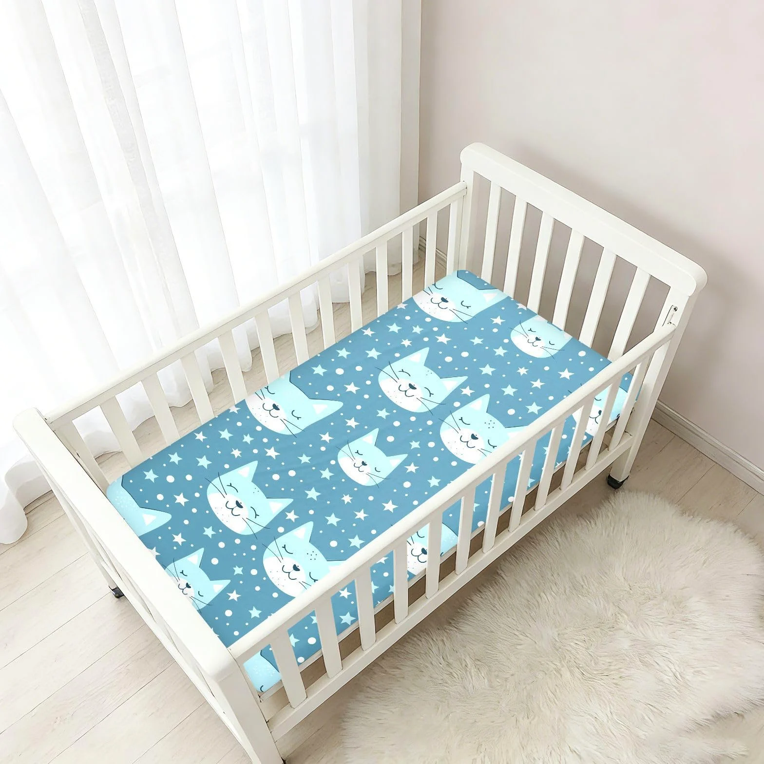 Blue Cats Stars Lenzuola per culla in cotone ultra morbido per lettino per bambini per la cameretta dei bambini, confezione da 1