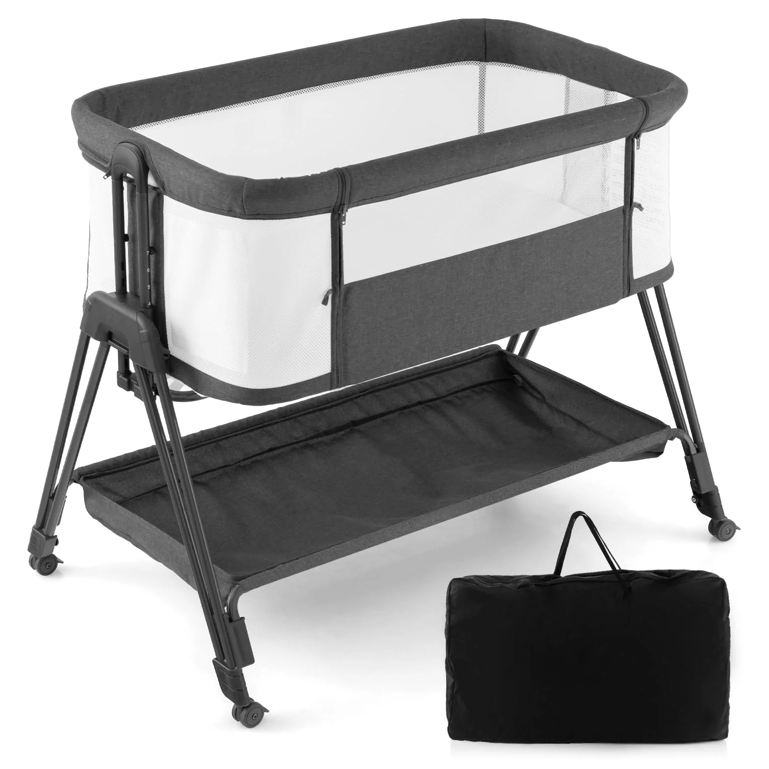 RELAX4LIFE Culla Neonato Fianco Letto, Culla da Campeggio con Materasso e Cinghia Fissaggio, Regolabile In Altezza 7 Posizioni, Borsa di Trasporto, per Bambini 0-6 Mesi (1, Nero)