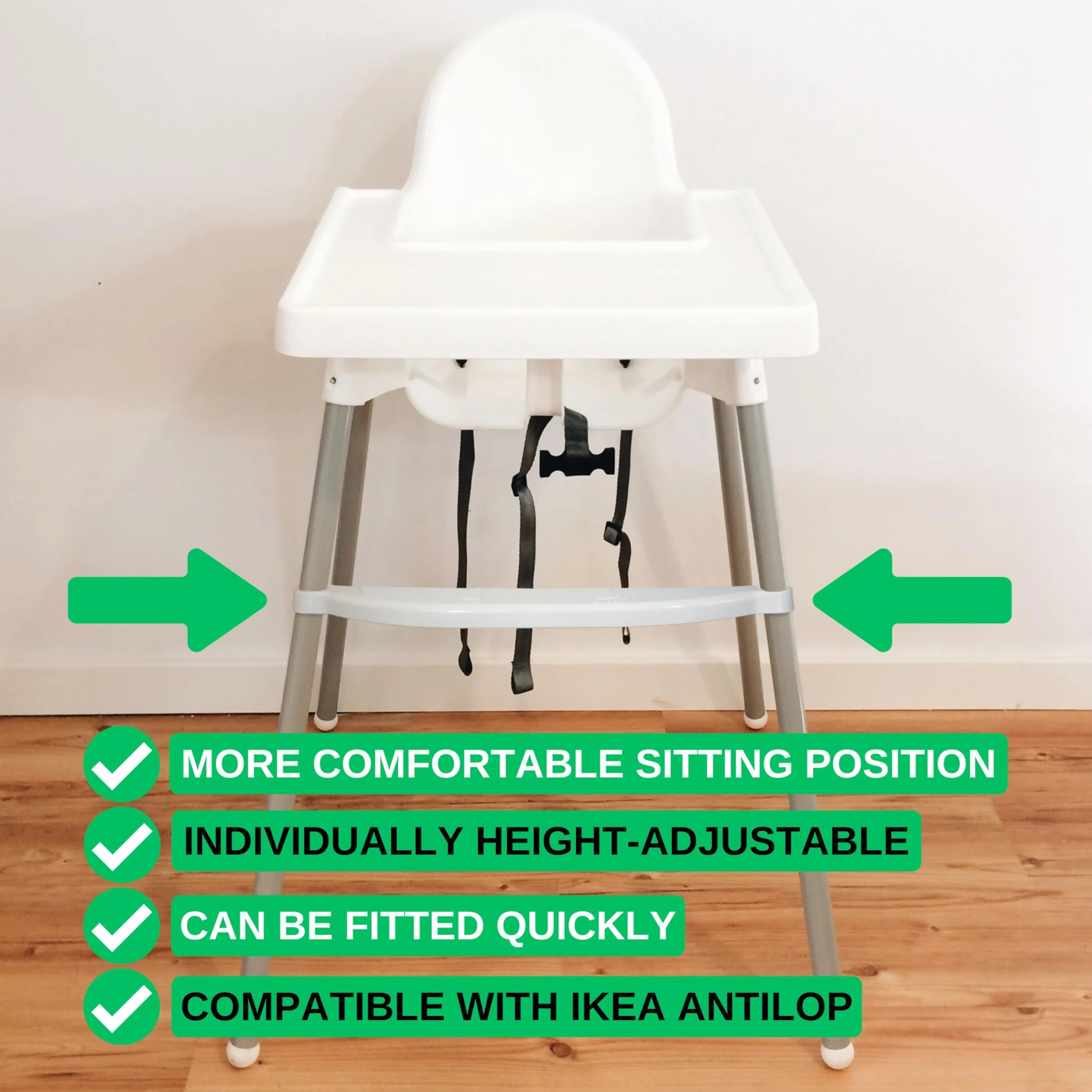 Poggiapiedi per seggiolone, 1 set, in bianco, compatibile con IKEA Antilop, regolabile in altezza con morsetti per il fissaggio alla gamba della sedia, poggiapiedi per seggiolone