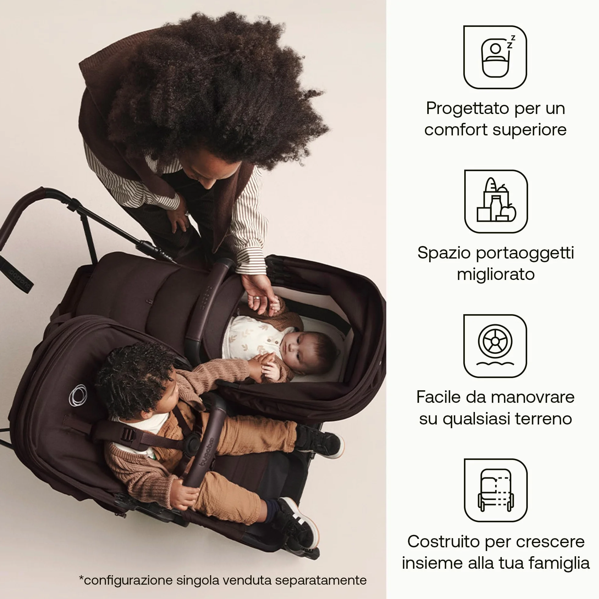 Bugaboo Donkey 6 Fratellare kit di Conversione per Carrozzina, Trasforma il Donkey 6 Singolo in un Passeggino Fratellare per Neonati e Bambini, Carrozzina Doppia con Seduta Reversibile, Cocoa Brown