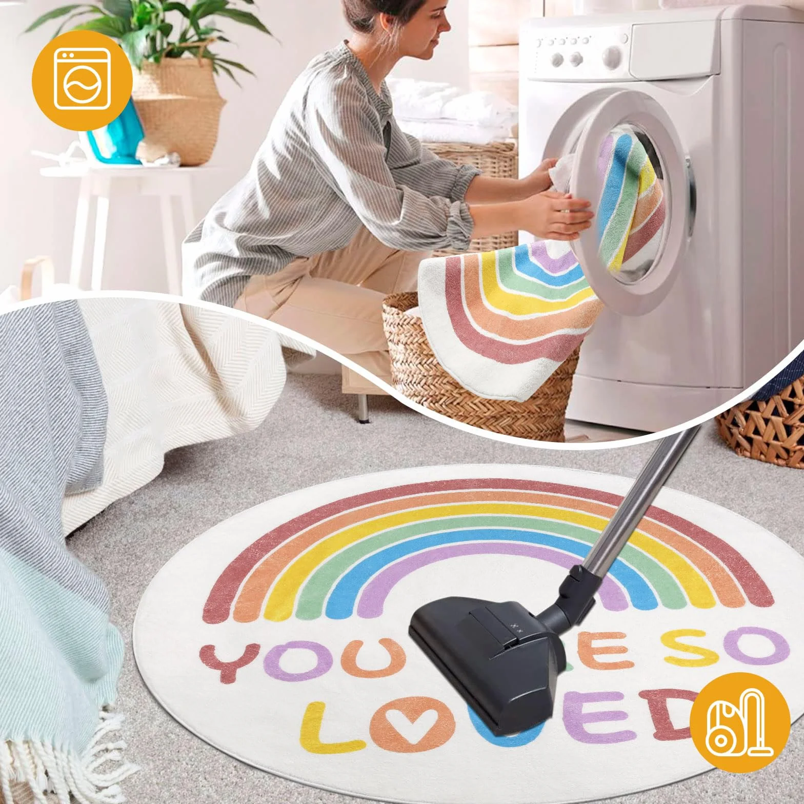 Enyhom Tappeto rotondo da 120 cm, motivo arcobaleno, per cameretta dei bambini, morbido, antiscivolo, lavabile in lavatrice, per gattonare