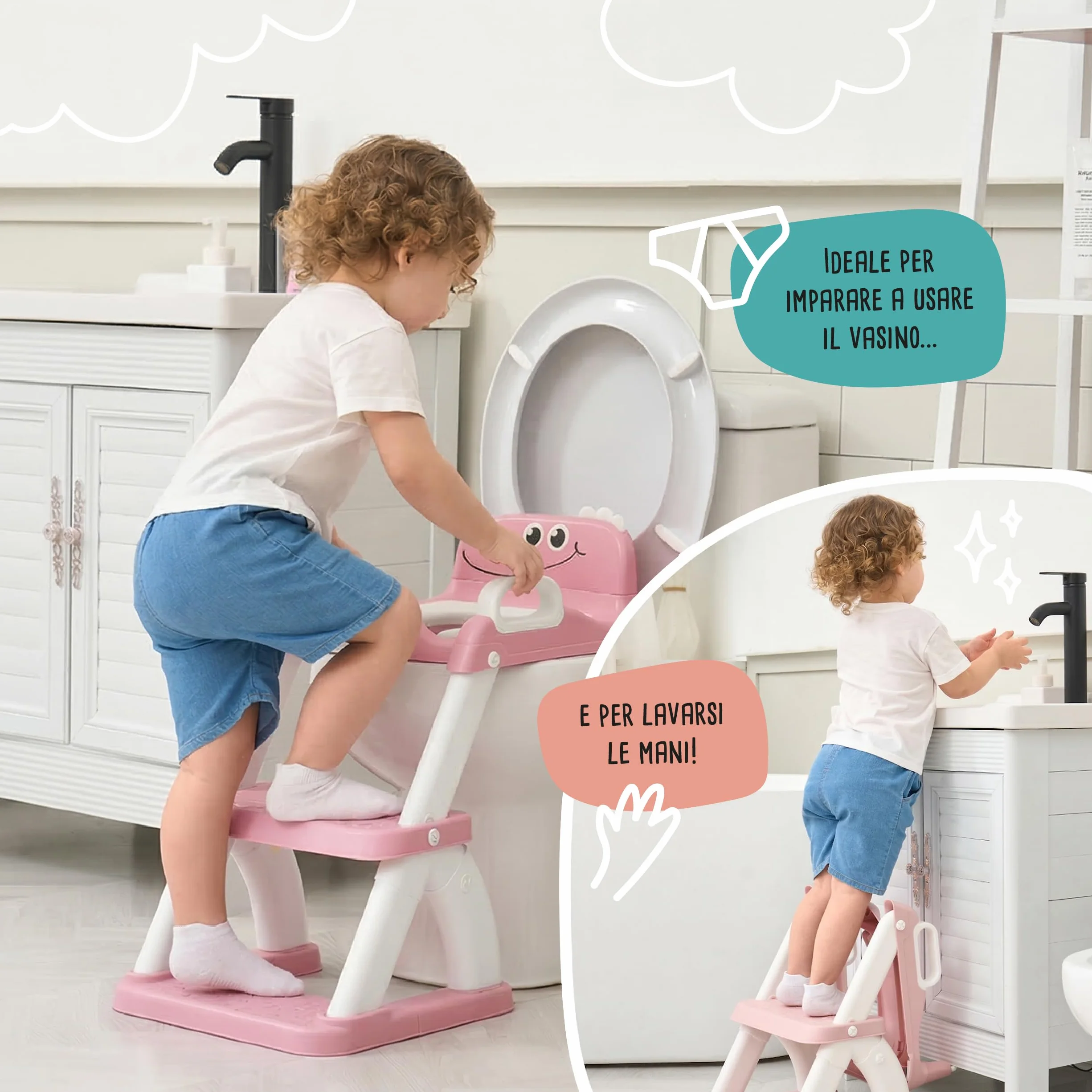 Riduttore WC Bambini con Scaletta – Sedile WC Pieghevole per Apprendimento Autonomo – Adattatore Toilette con Gradino Antiscivolo e Maniglie – Vasino Bambini