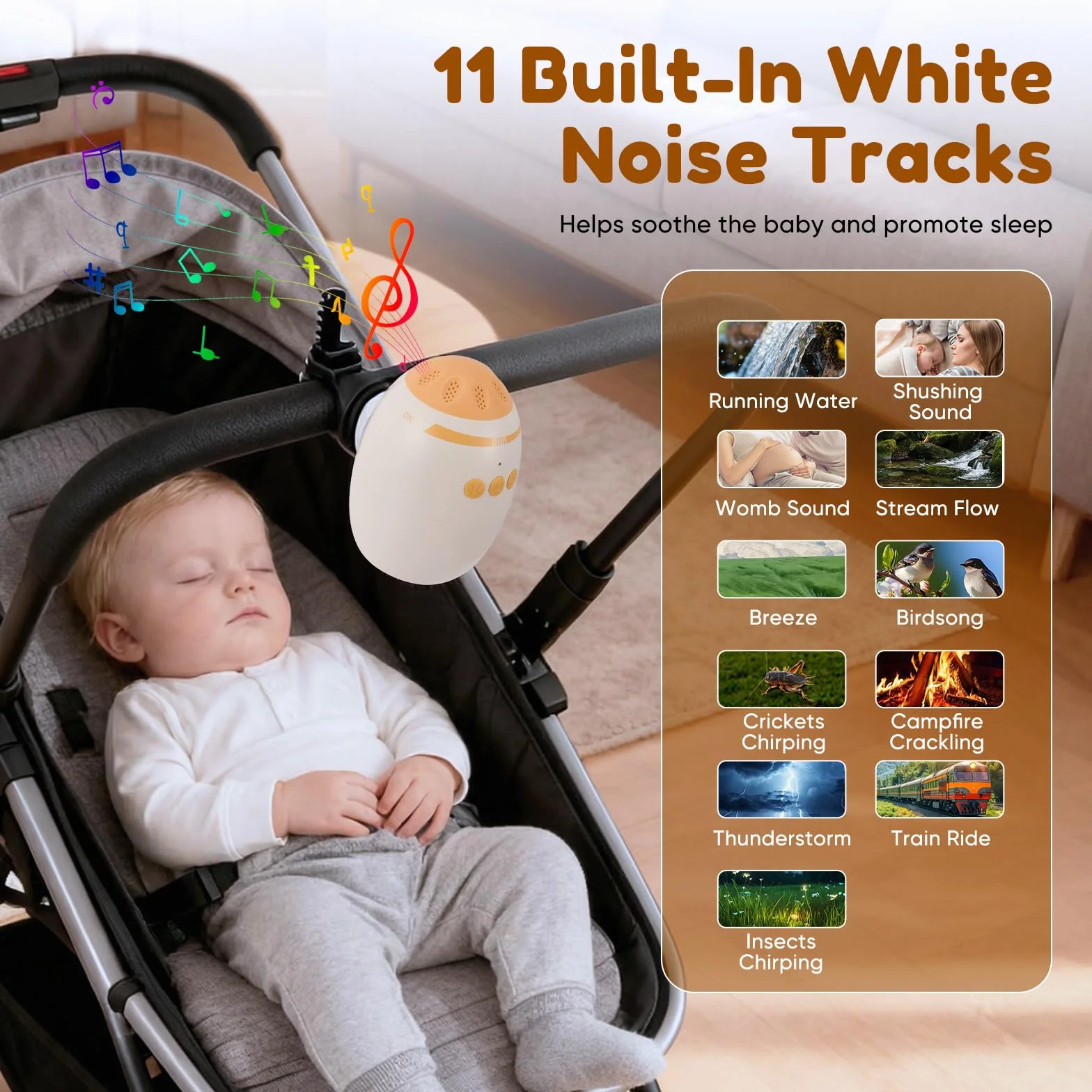 Altalena per Passeggino, Ricaricabile USB-C per Bambini & Timer da 40min, Intensità Regolabile e Timer, Passeggino con 11 Bianco Rumore per Passeggino e Passeggino