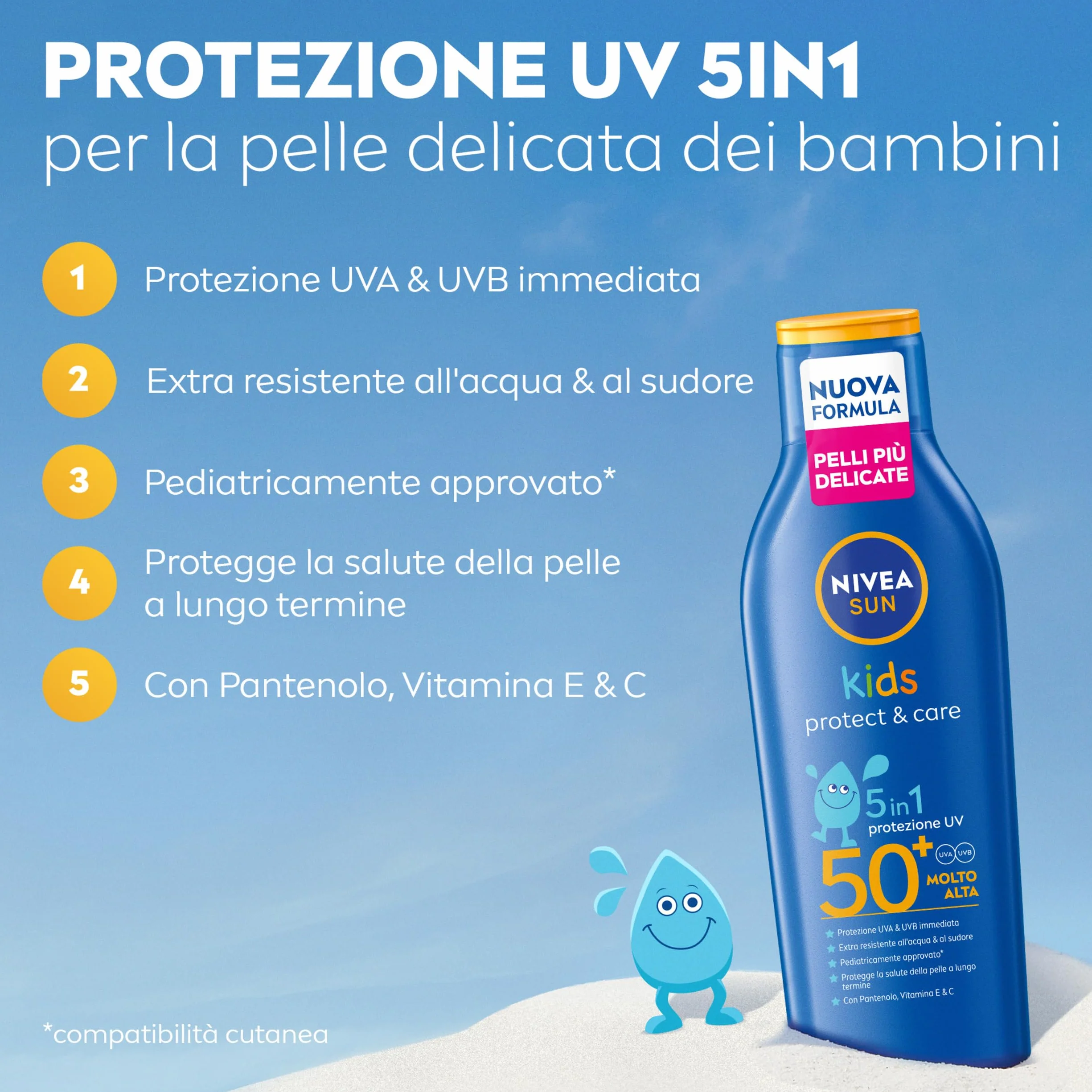 NIVEA SUN Kids Protect & Care SPF 50+ 200 ml, Crema solare 50 bambini 3+ anni per la pelle delicata, Protezione solare 50 bambini extra resistente all'acqua e al sudore con Pantenolo, Vitamina C & E