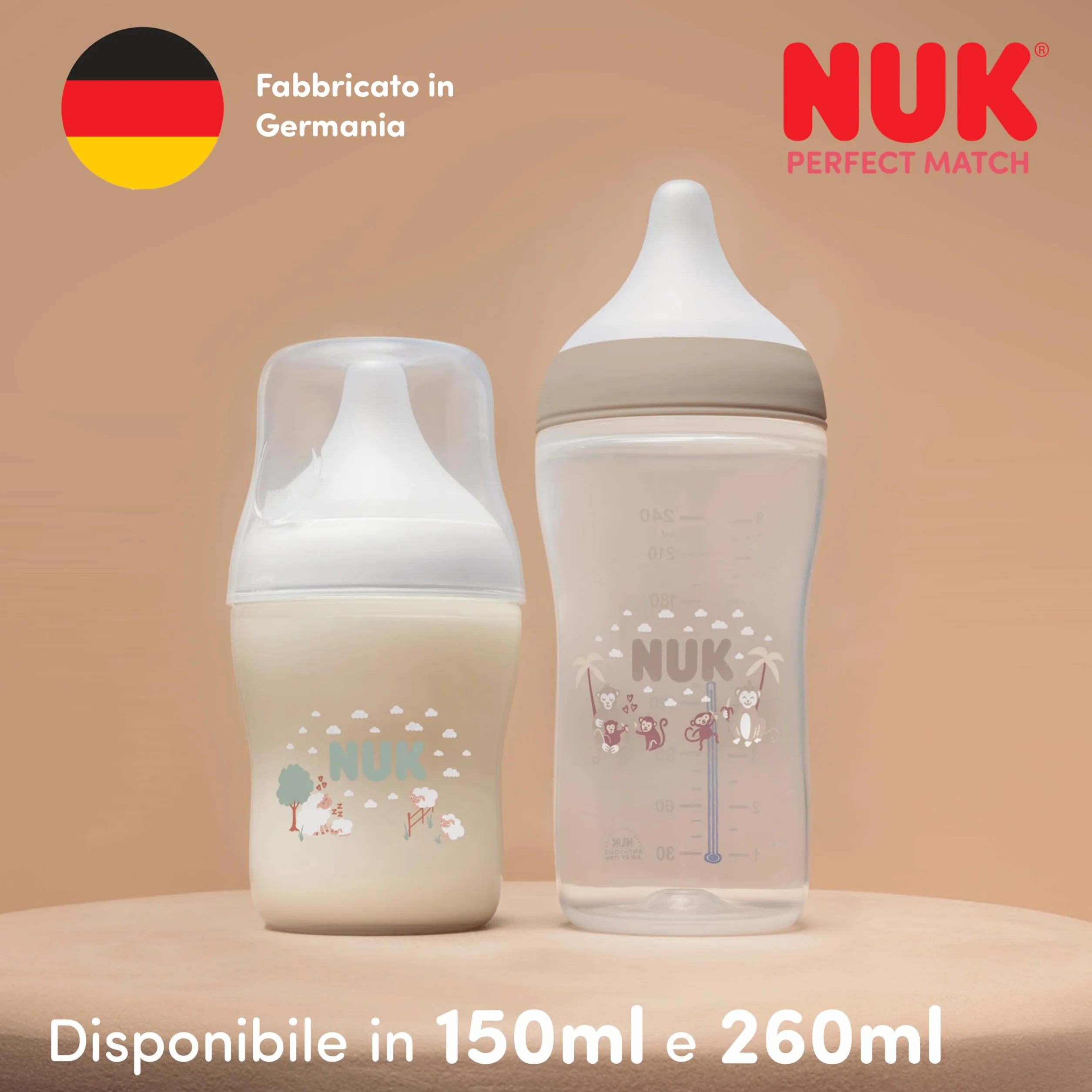 NUK Set biberon Perfect Match | 3+ mesi | Si adatta al palato del bambino | Controllo della temperatura | Sfiato anti-colica | 260 ml | Senza BPA | Tettarella media in silicone | Arcobaleno | 3 pz