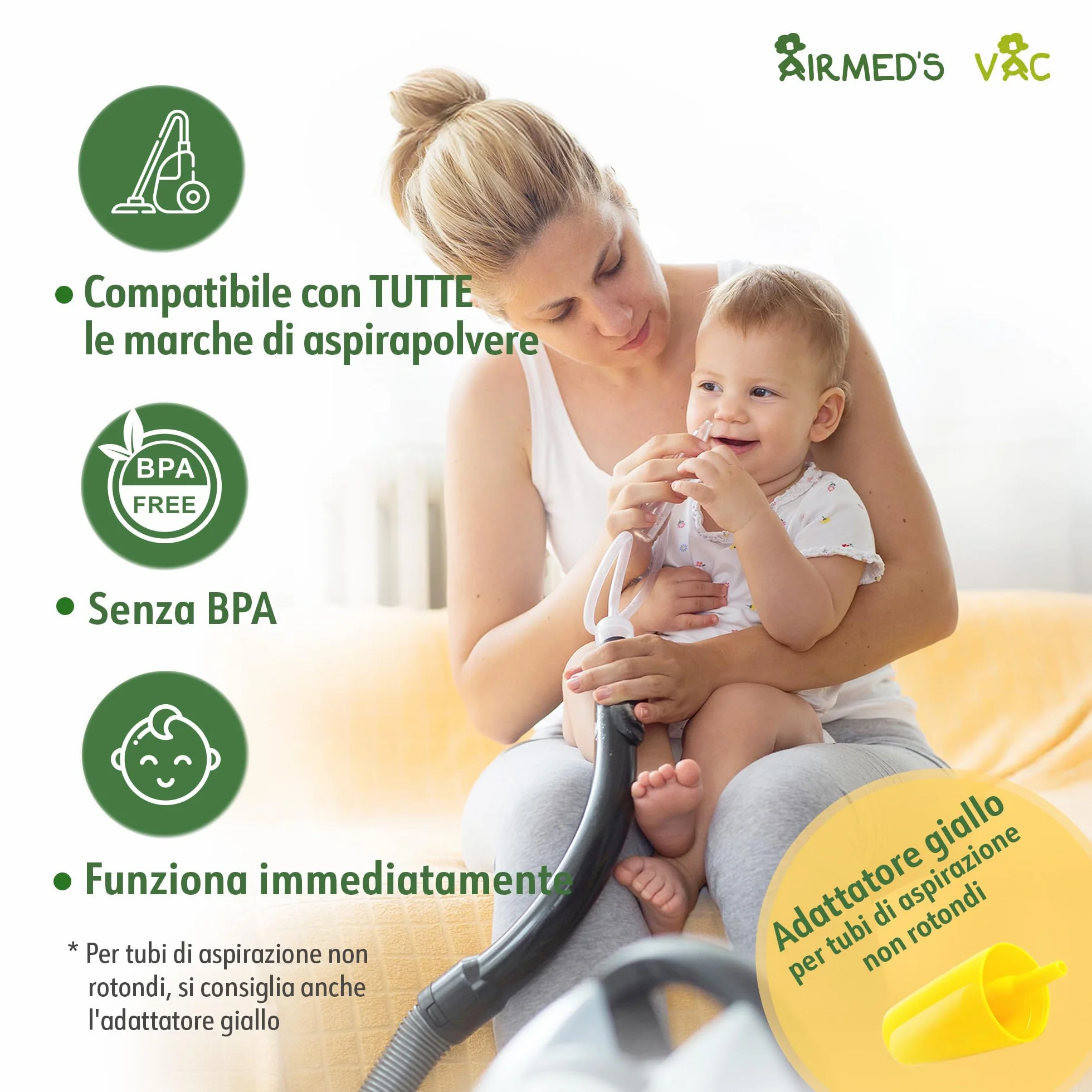 Airmed's Vac Aspiratore nasale neonato. Clinicamente testato e sicuro | Naso libero in 3 secondi. Con 2 testine di aspirazione e spazzolina per la pulizia. Compatibile con tutti gli aspiratori
