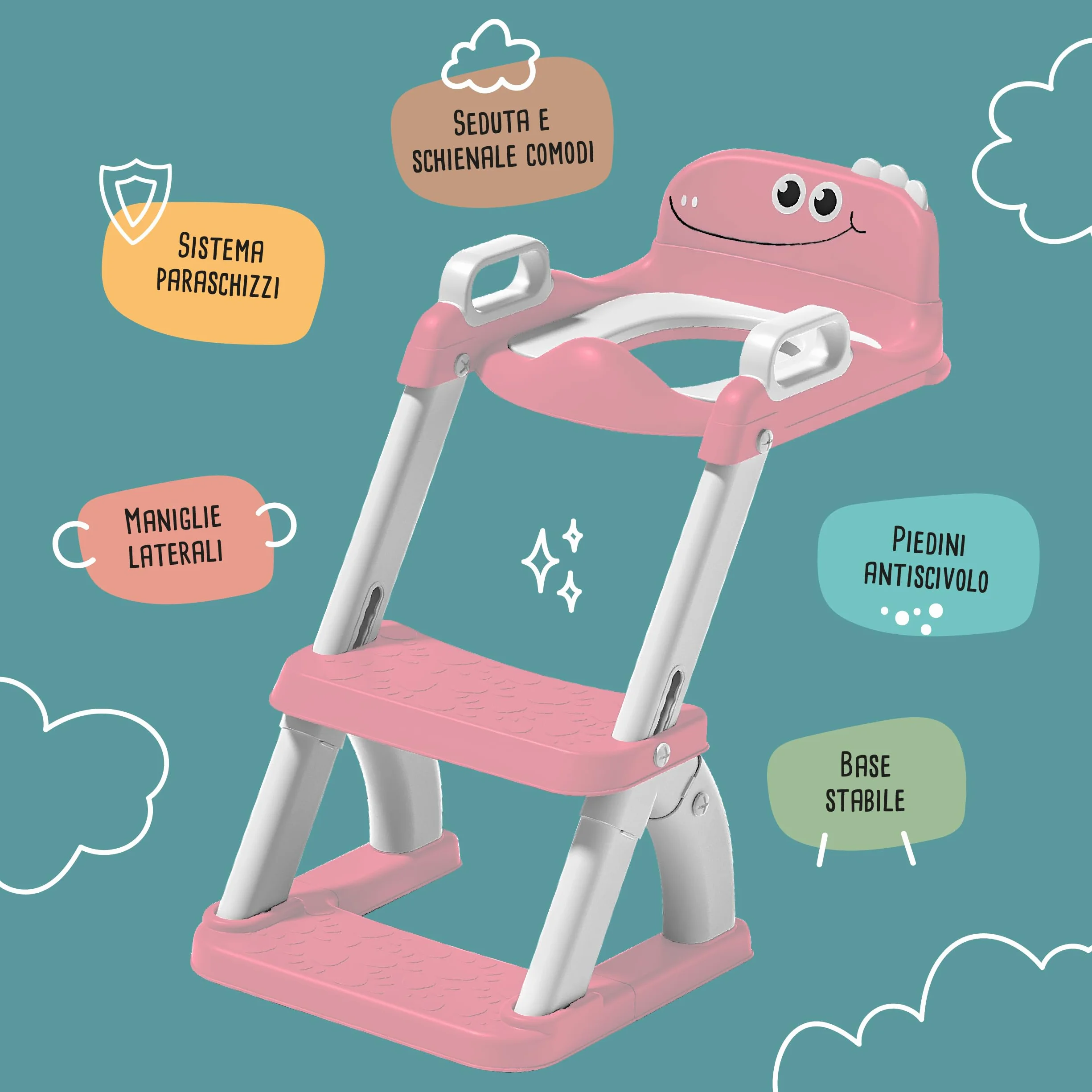 Riduttore WC Bambini con Scaletta – Sedile WC Pieghevole per Apprendimento Autonomo – Adattatore Toilette con Gradino Antiscivolo e Maniglie – Vasino Bambini