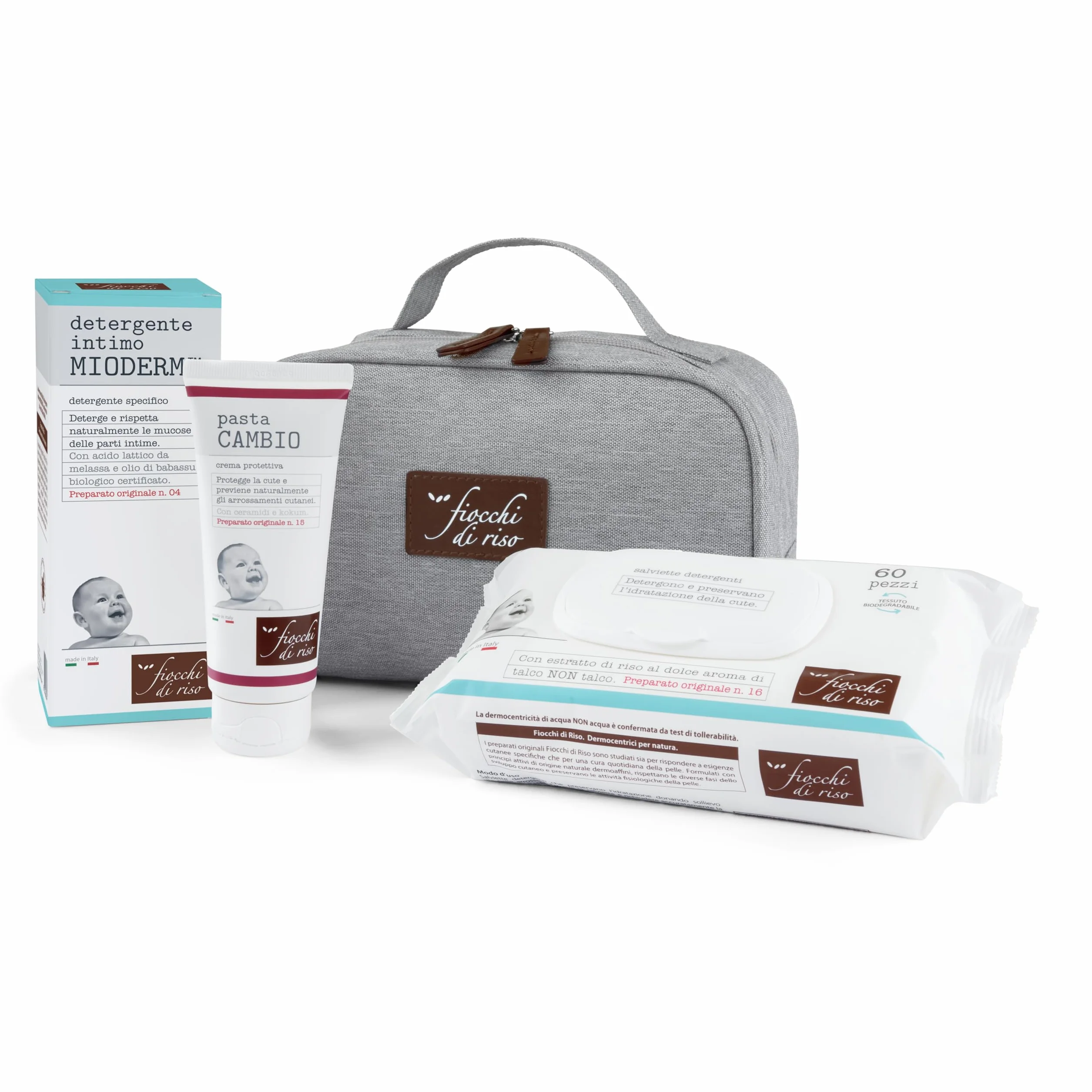 Fiocchi di Riso - BEAUTY CAMBIO PANNOLINO - COFANETTO NEONATO - Kit neonato per la protezione intima: Detergente Intimo Mioderm, Pasta Cambio e salviette Acqua NON Acqua. Nuovo beauty