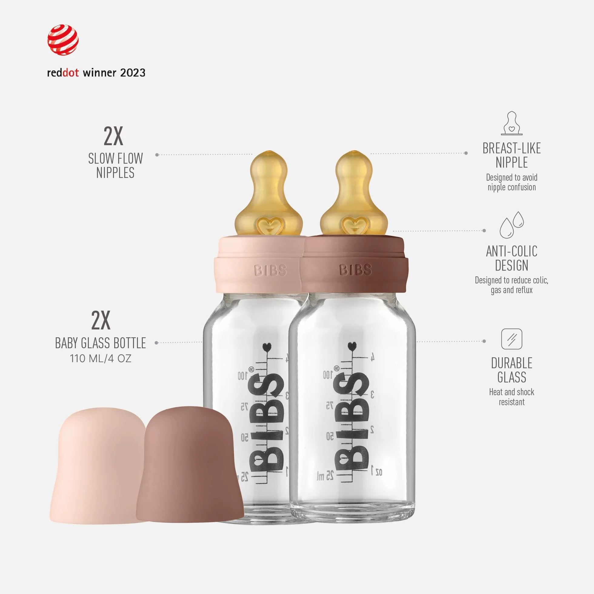 Biberon in vetro BIBS. Set di 2. Anti-coliche. Tettarella rotonda in lattice di gomma naturale. Favorisce l'allattamento naturale al seno, Complete Set - 110 ml (Pack of 2), Blush/Woodchuck