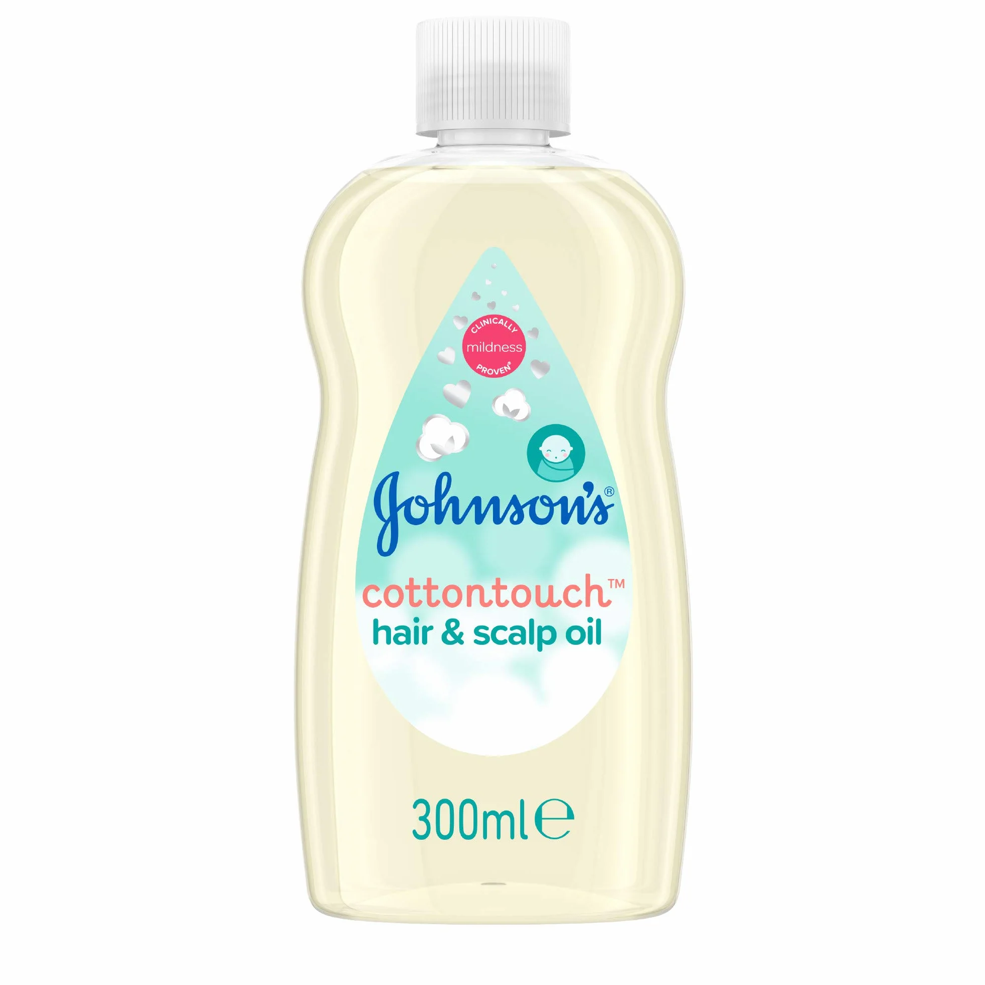 Johnson'S Baby Cotton Touch, olio per capelli e cuoio capelluto, clinicamente testato, adatto per la pelle appena nata, scioglie i fiocchi secchi causati da Cradle Cap, fragranza delicata, 300 ml