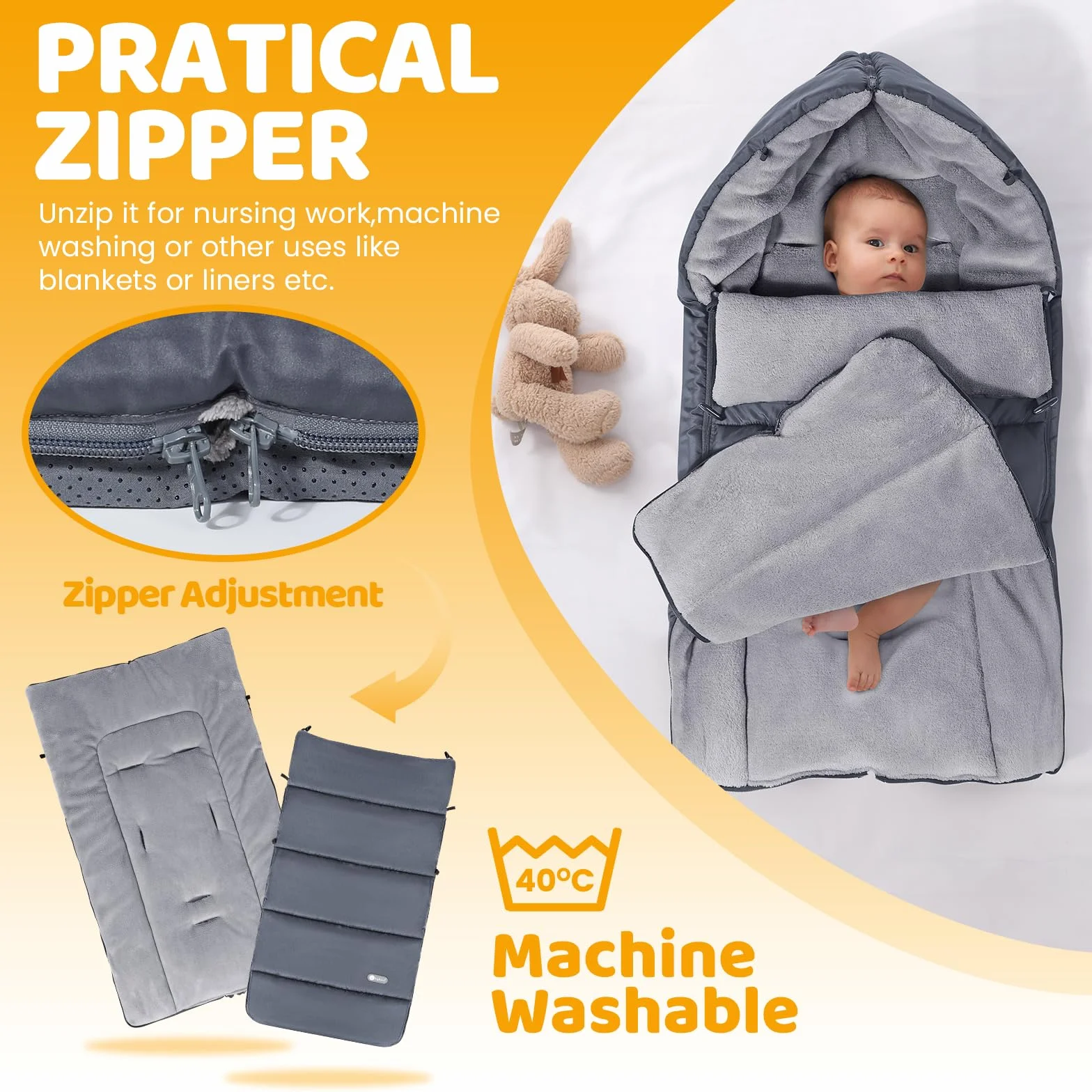 Ivywind Sacco Passeggino Universale, Impermeabile Sacco Invernale Passeggino con Cerniera Regolabile, Inverno Coprigambe Passeggino Universale, Lavabile e Staccabile, Caldo, Grigio