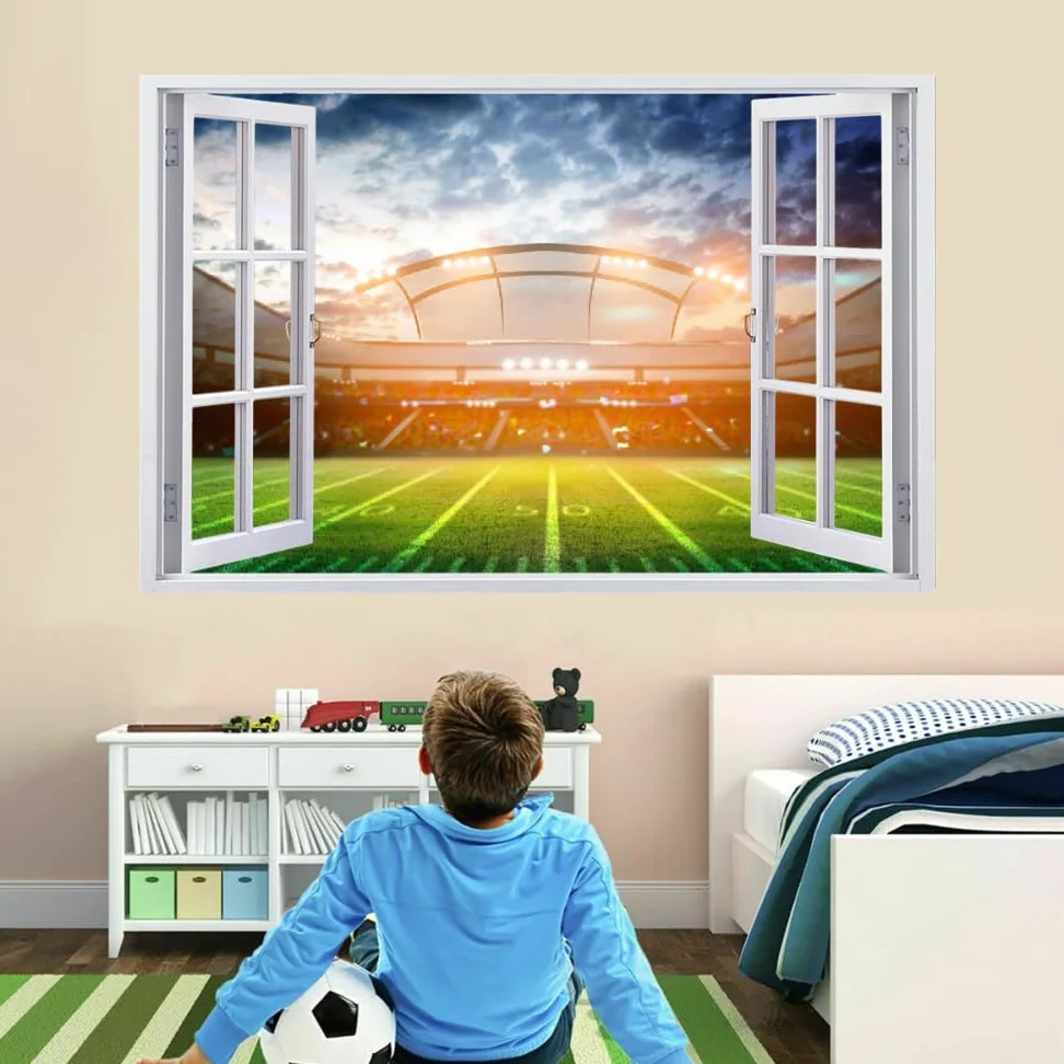 Decalcomania Fracassata 3D, Campo Da Calcio Adesivo Staccabile E Adesivo In Vinile Rimovibile, Sport Del Calcio Tatuaggio Da Parete Ragazze Nursery Room Decor Mural Home Decor 120x80cm