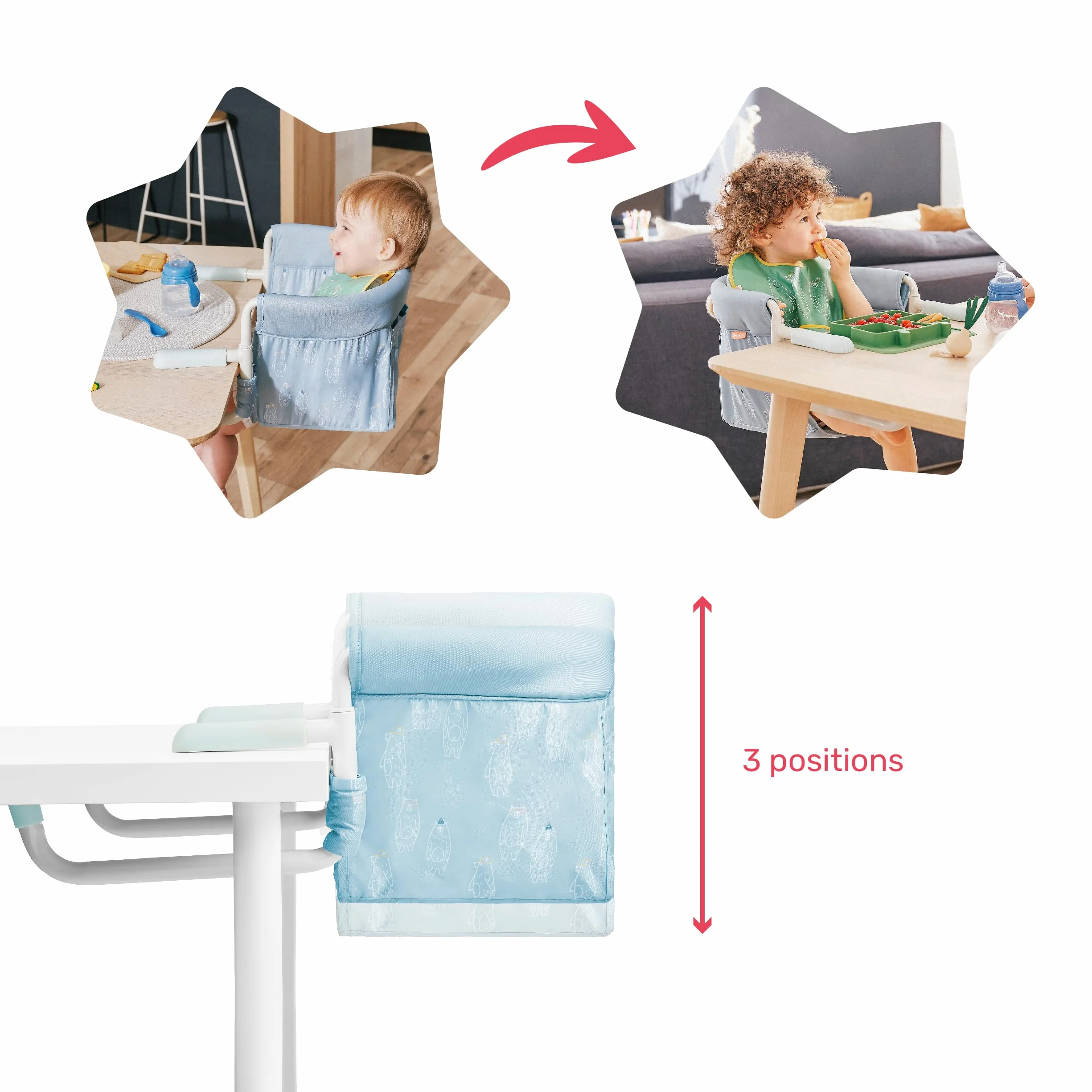 Badabulle seggiolino da tavolo per bambino con cintura a 3 punti, confortevole, chiusura ultra compatta per portarlo ovunque, da 6 a 36 mesi o 15 kg