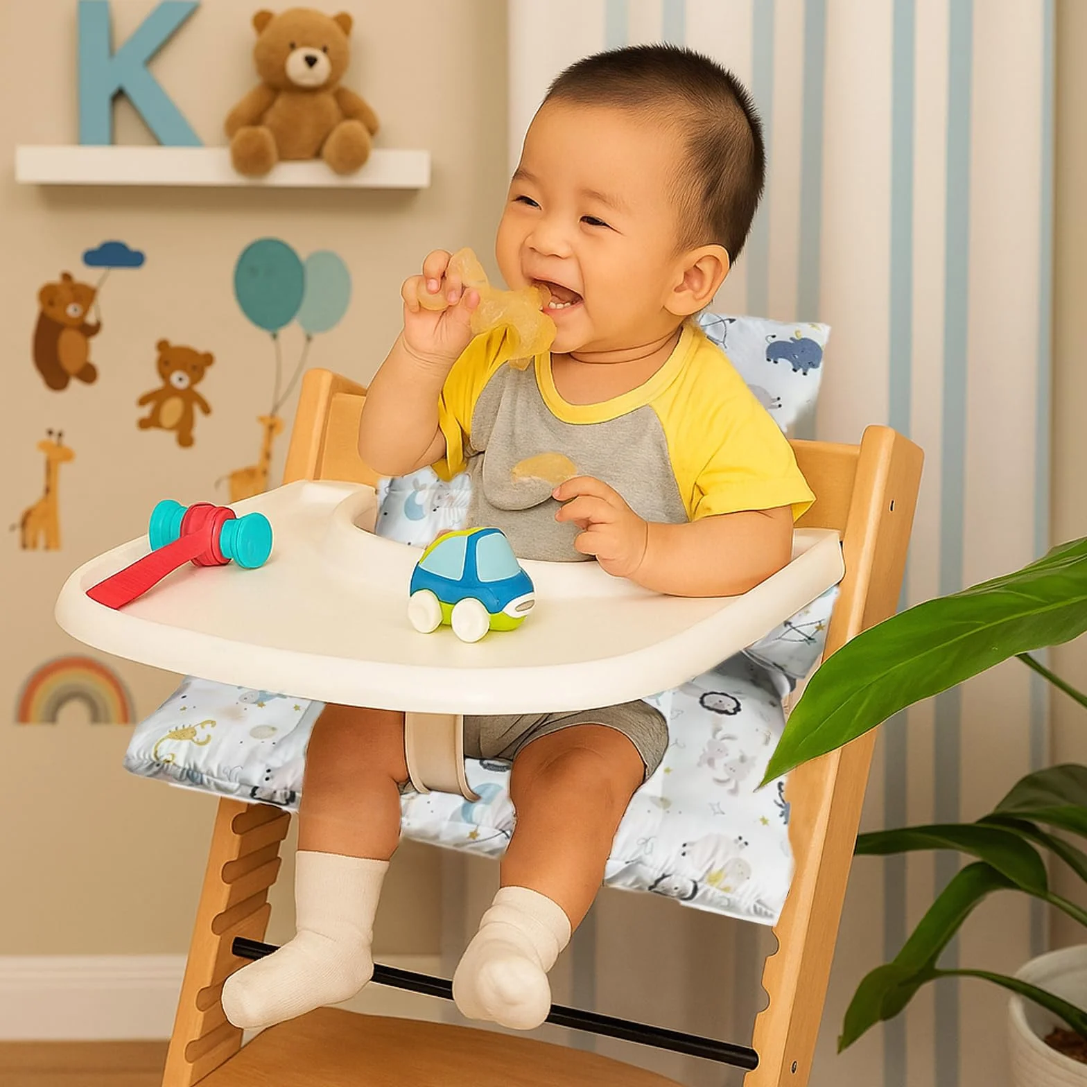 Cuscino per seggiolone Stokke Tripp Trapp, set da 2 pezzi in cotone biologico con rivestimento laminato impermeabile, facile da pulire e rimovibile, lavabile in lavatrice (animali marini)